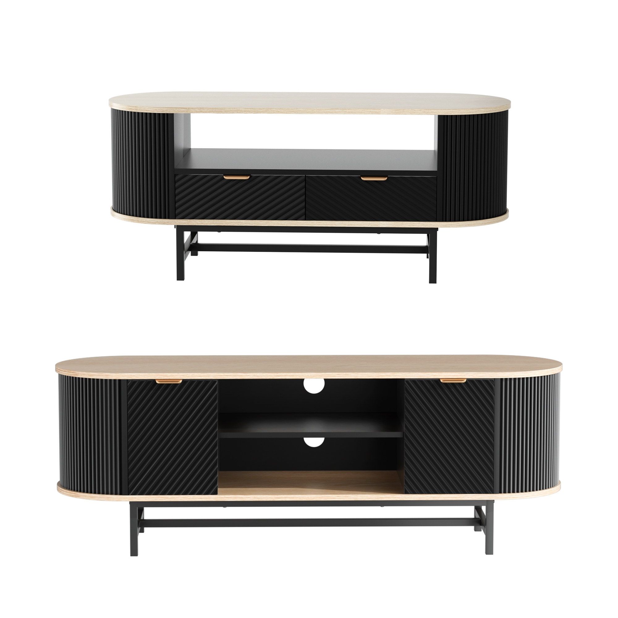 Artiss TV Unit & Coffee Table Set Storage Drawers Shelves Black Pine - Image 4