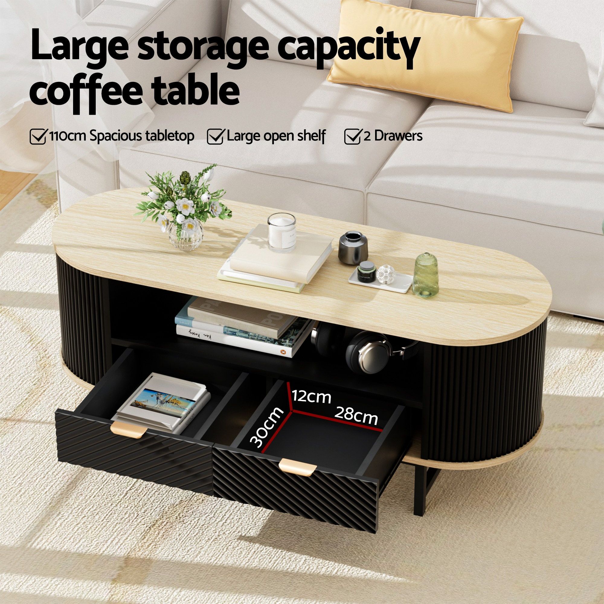Artiss TV Unit & Coffee Table Set Storage Drawers Shelves Black Pine - Image 6