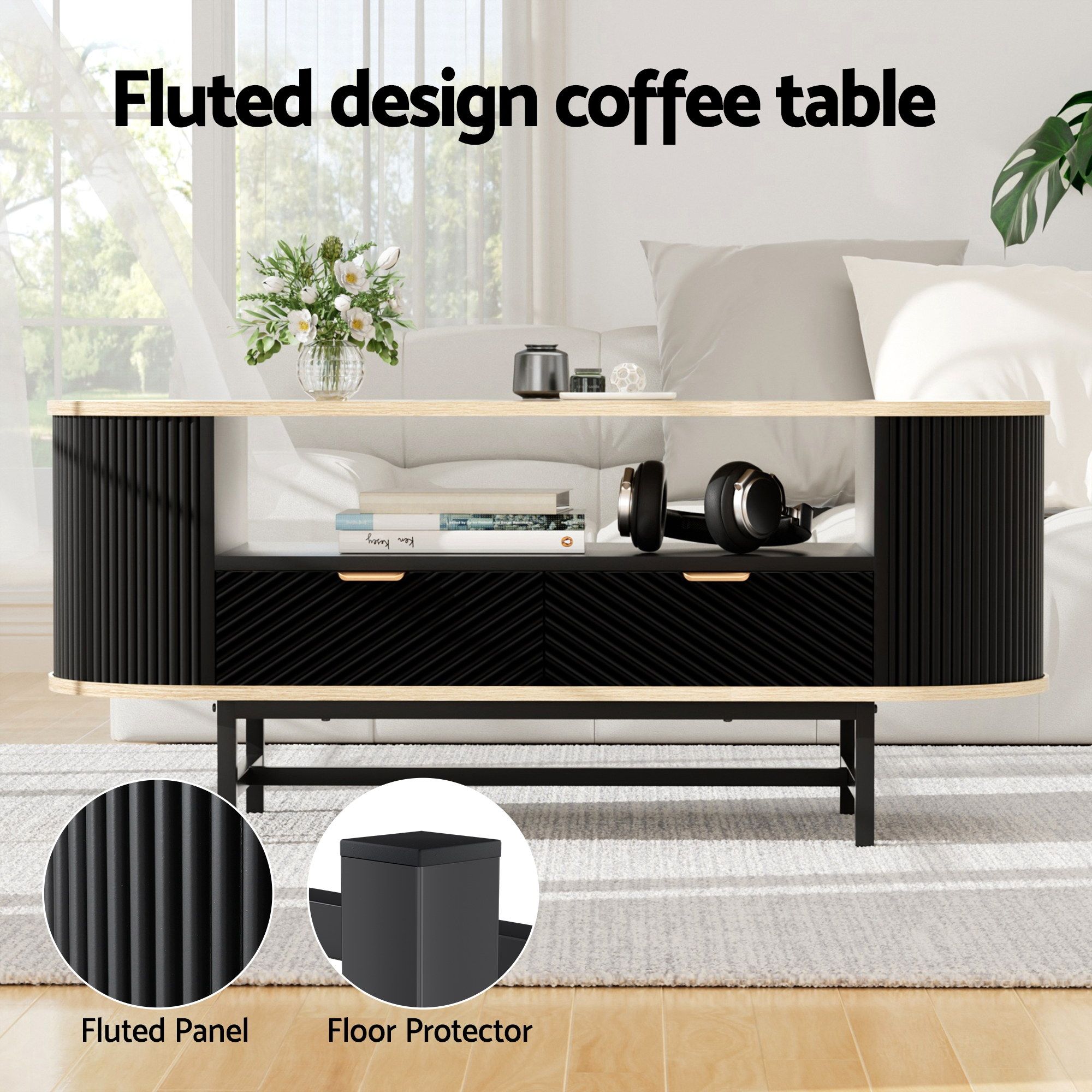 Artiss TV Unit & Coffee Table Set Storage Drawers Shelves Black Pine - Image 7