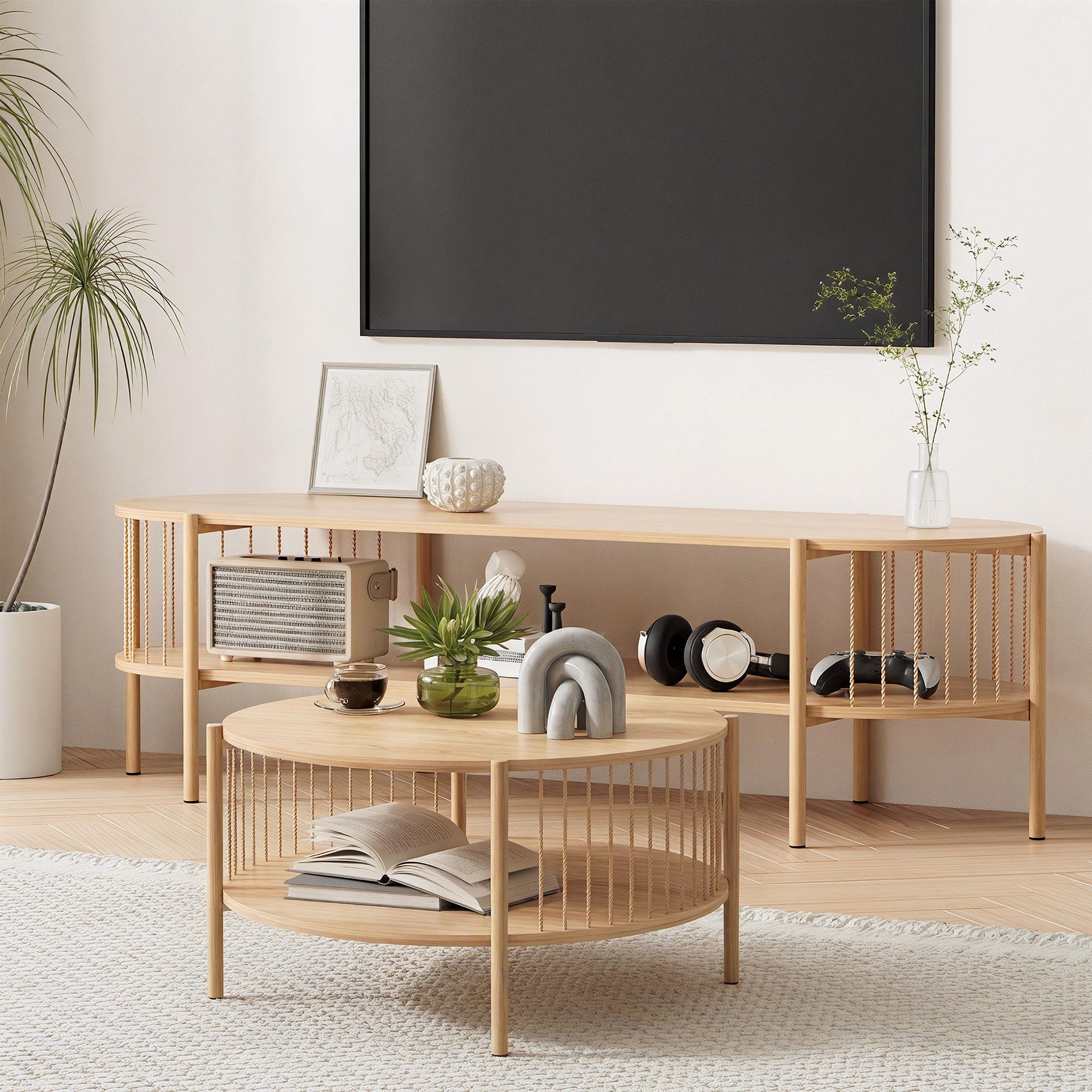 Artiss TV Unit & Coffee Table Set Storage Shelf Pine - Image 1