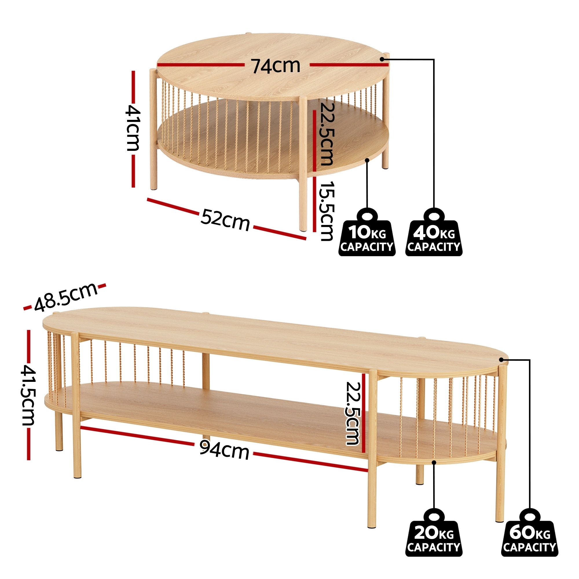 Artiss TV Unit & Coffee Table Set Storage Shelf Pine - Image 3