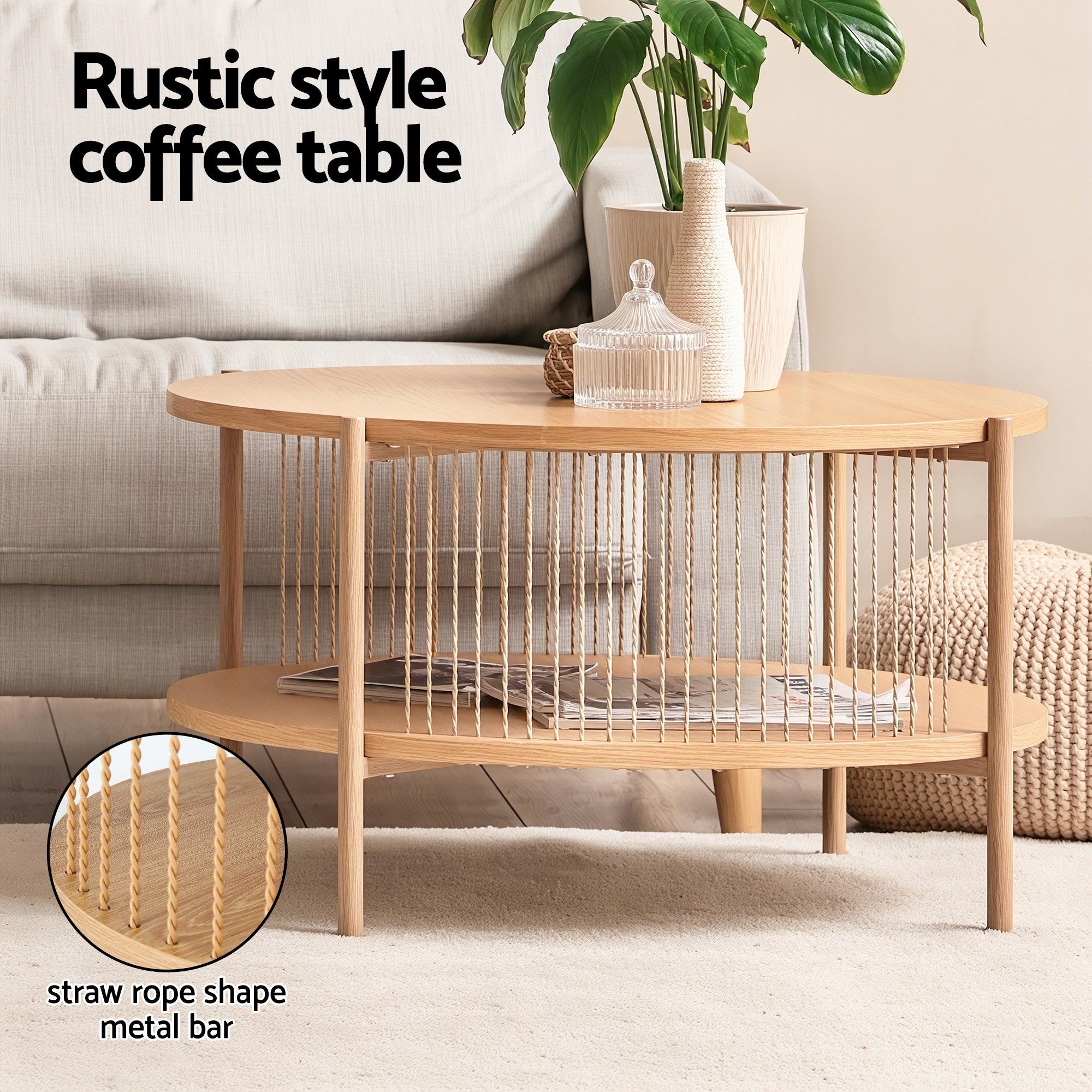 Artiss TV Unit & Coffee Table Set Storage Shelf Pine - Image 6