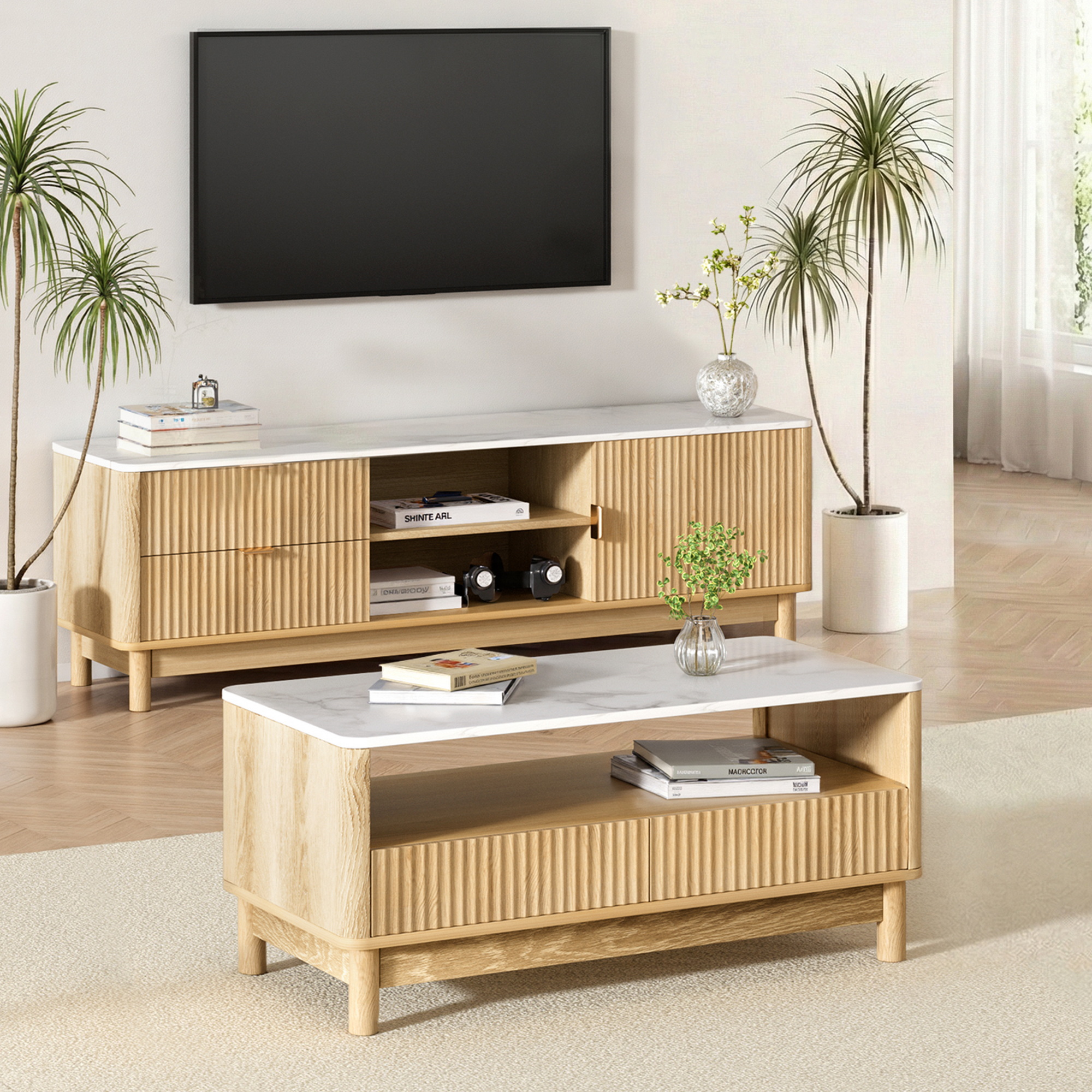 Artiss TV Unit & Coffee Table Set Storage Drawers Pine - Image 1