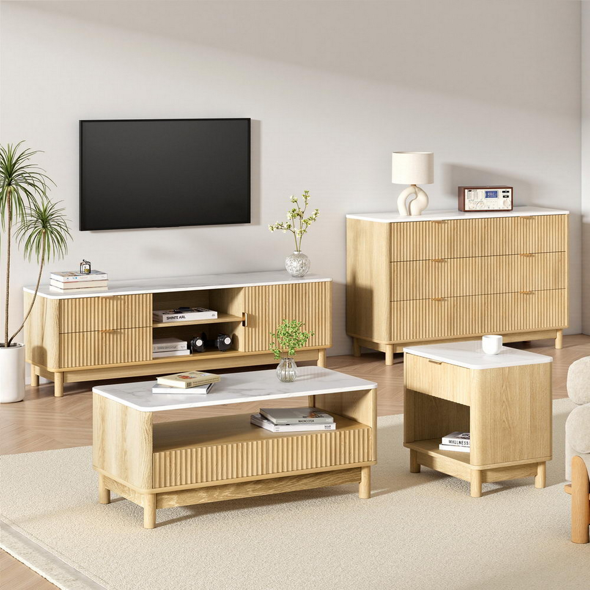 Artiss TV Unit & Coffee Table Set Storage Drawers Pine - Image 7
