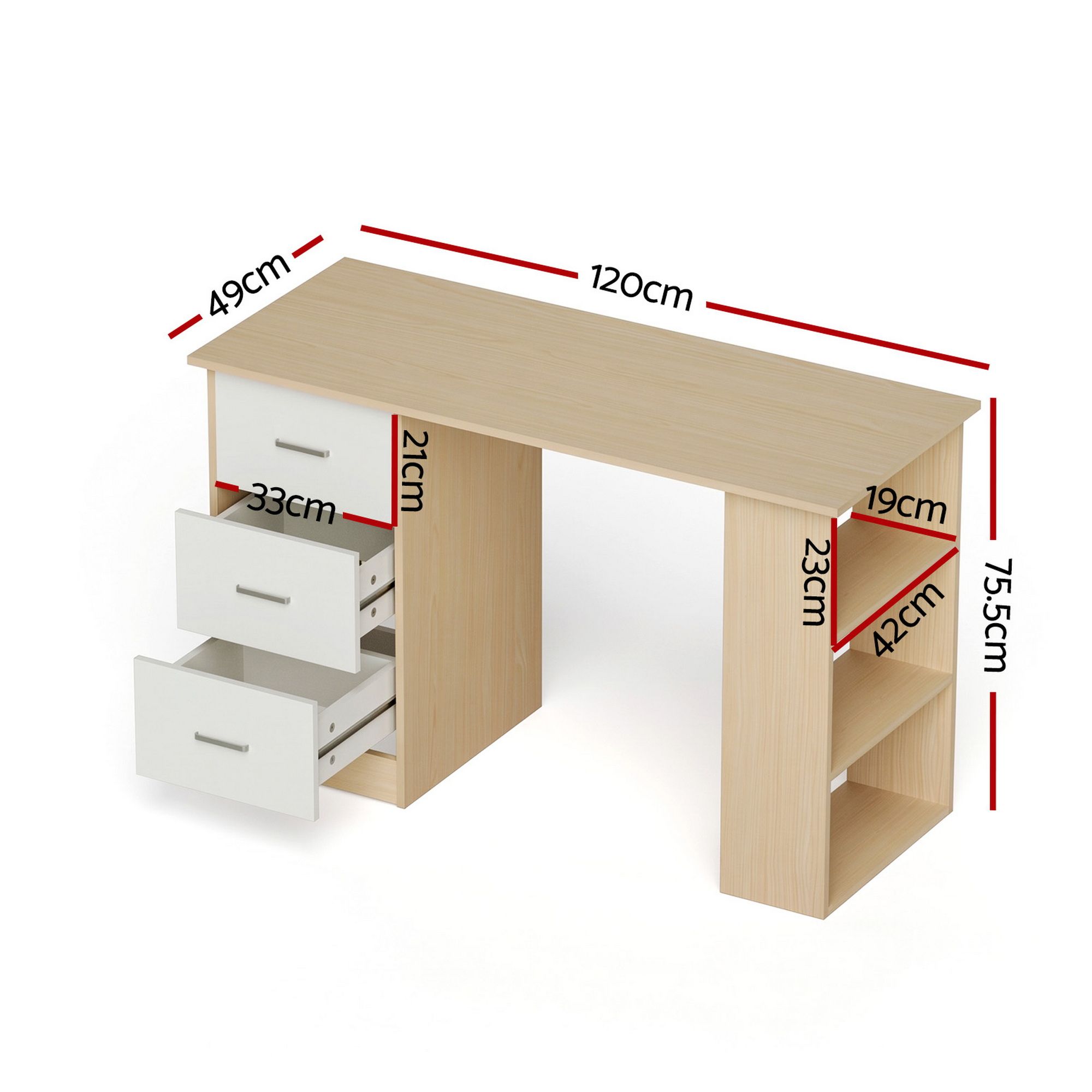 Artiss Computer Desk Drawer Shelf Oak White 120CM - Image 2
