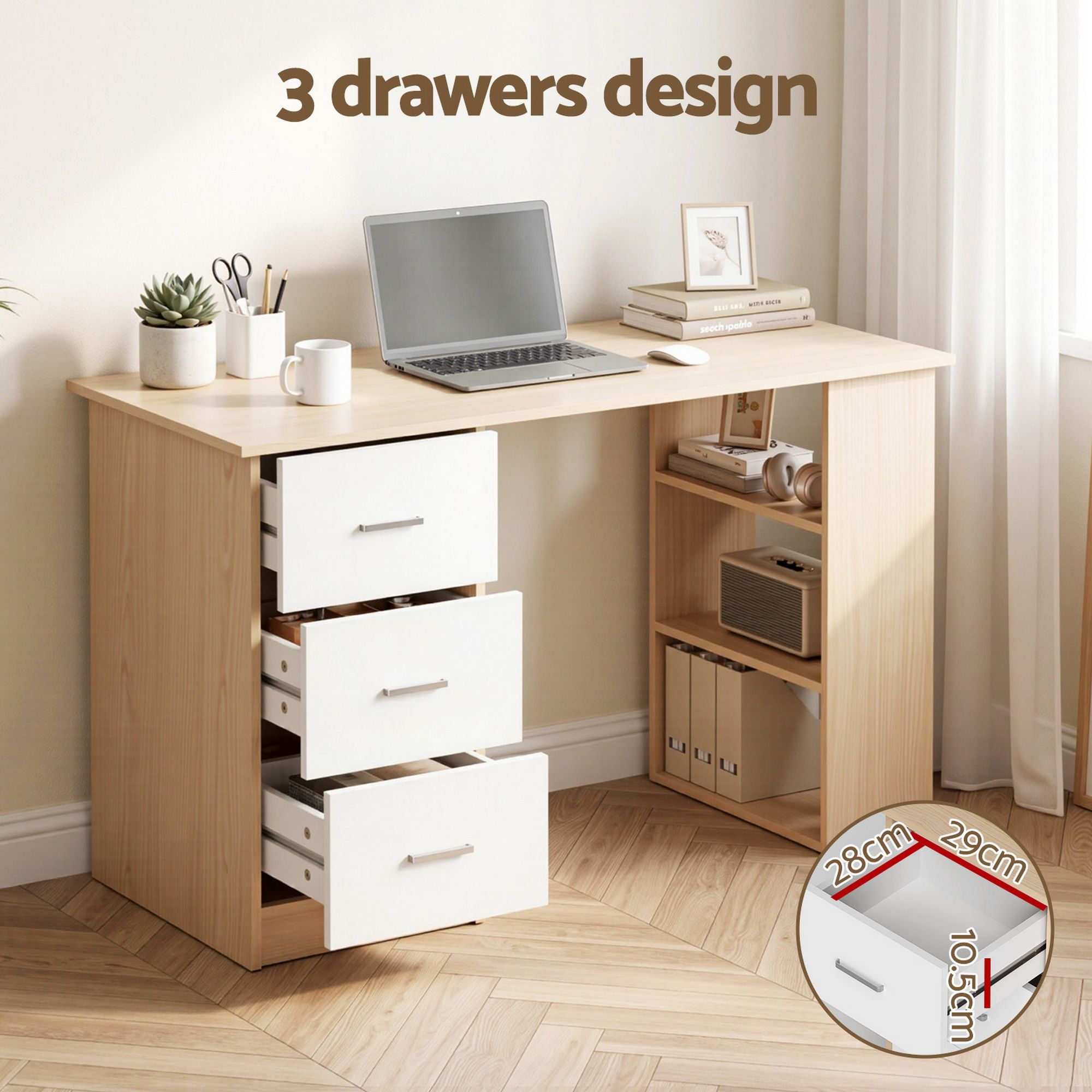 Artiss Computer Desk Drawer Shelf Oak White 120CM - Image 5