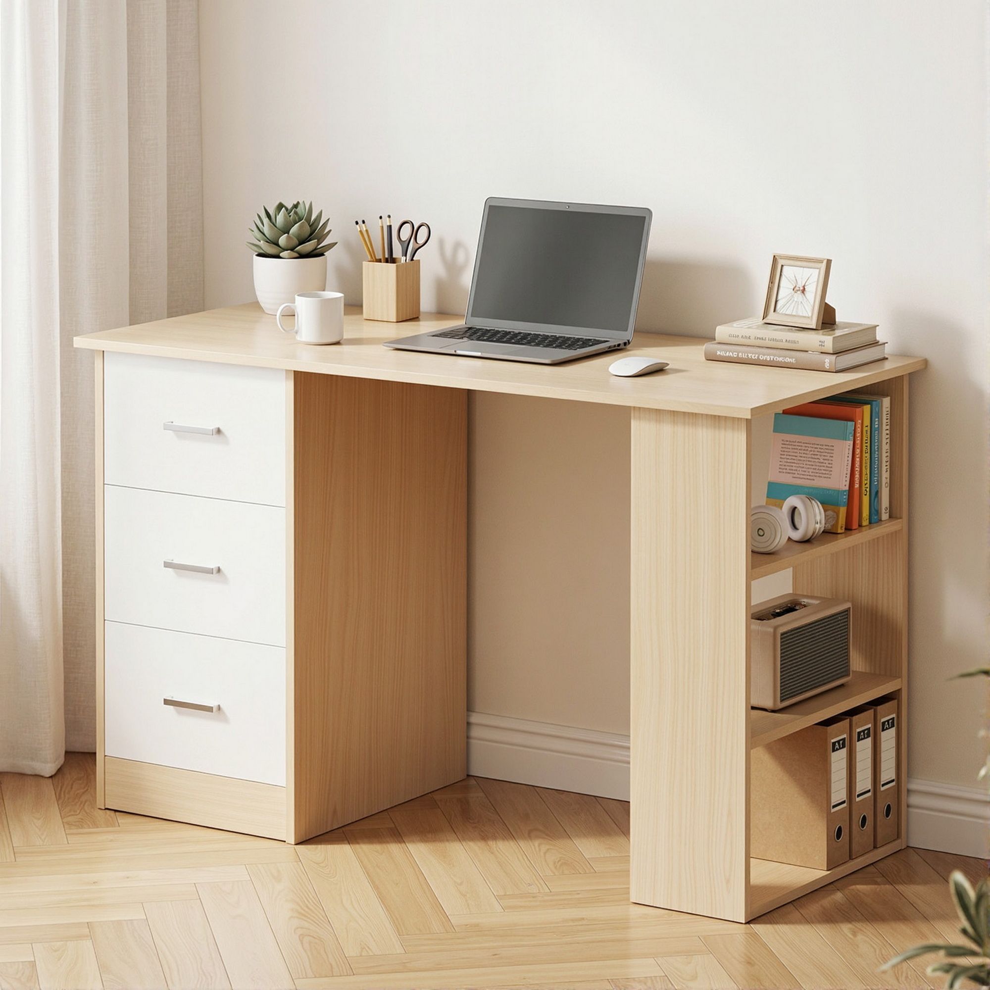 Artiss Computer Desk Drawer Shelf Oak White 120CM - Image 6