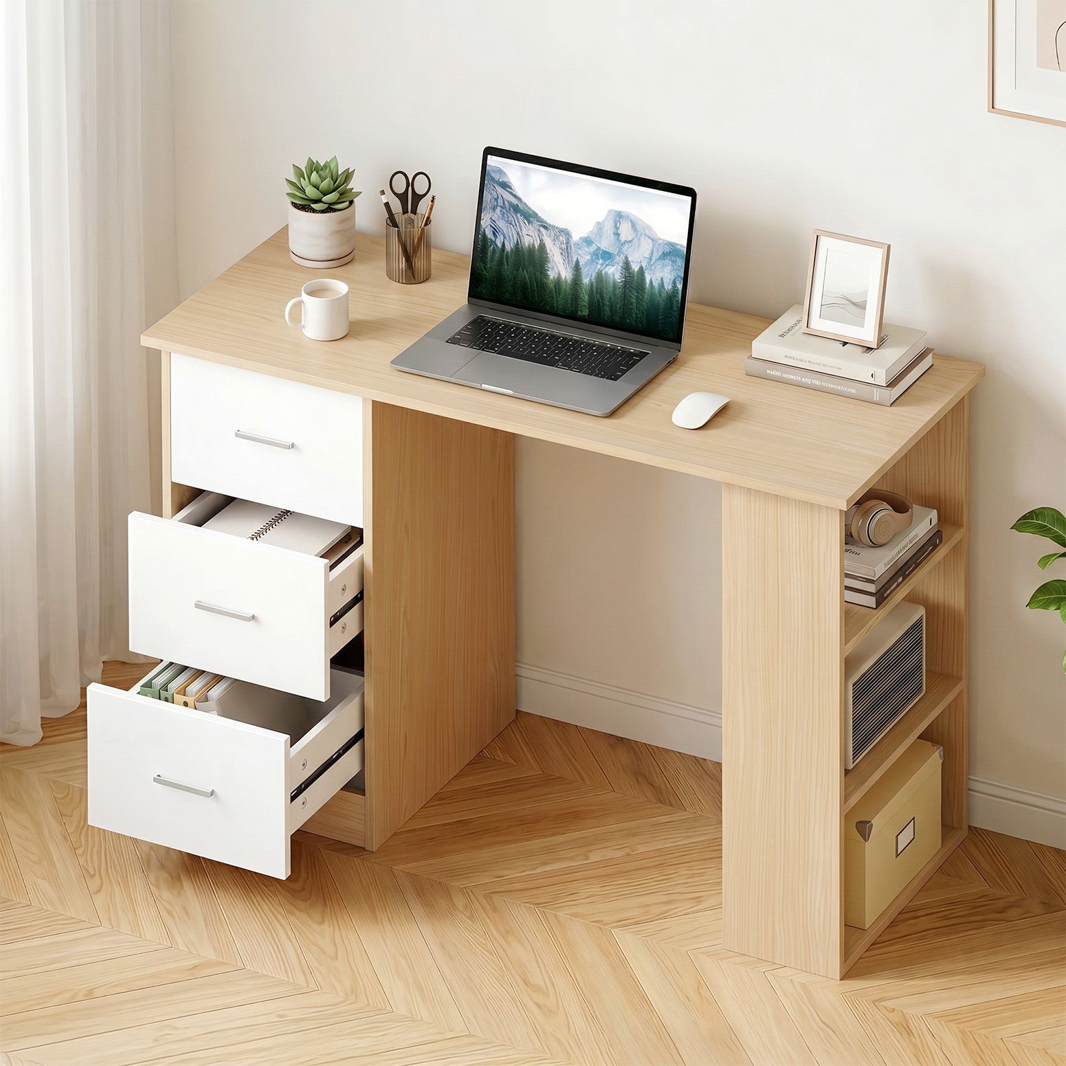 Artiss Computer Desk Drawer Shelf Oak White 120CM - Image 7