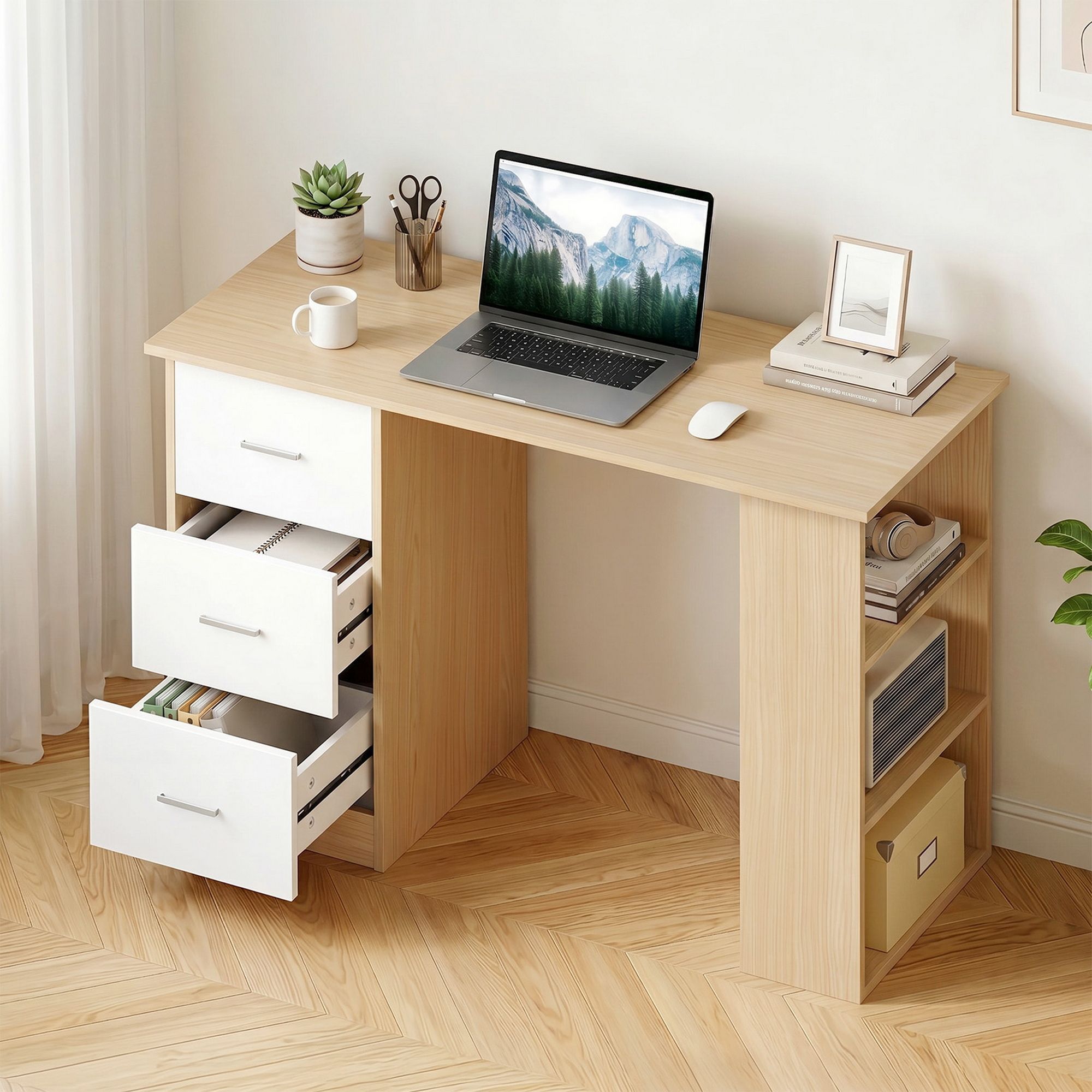 Artiss Computer Desk Drawer Shelf Oak White 120CM - Image 8