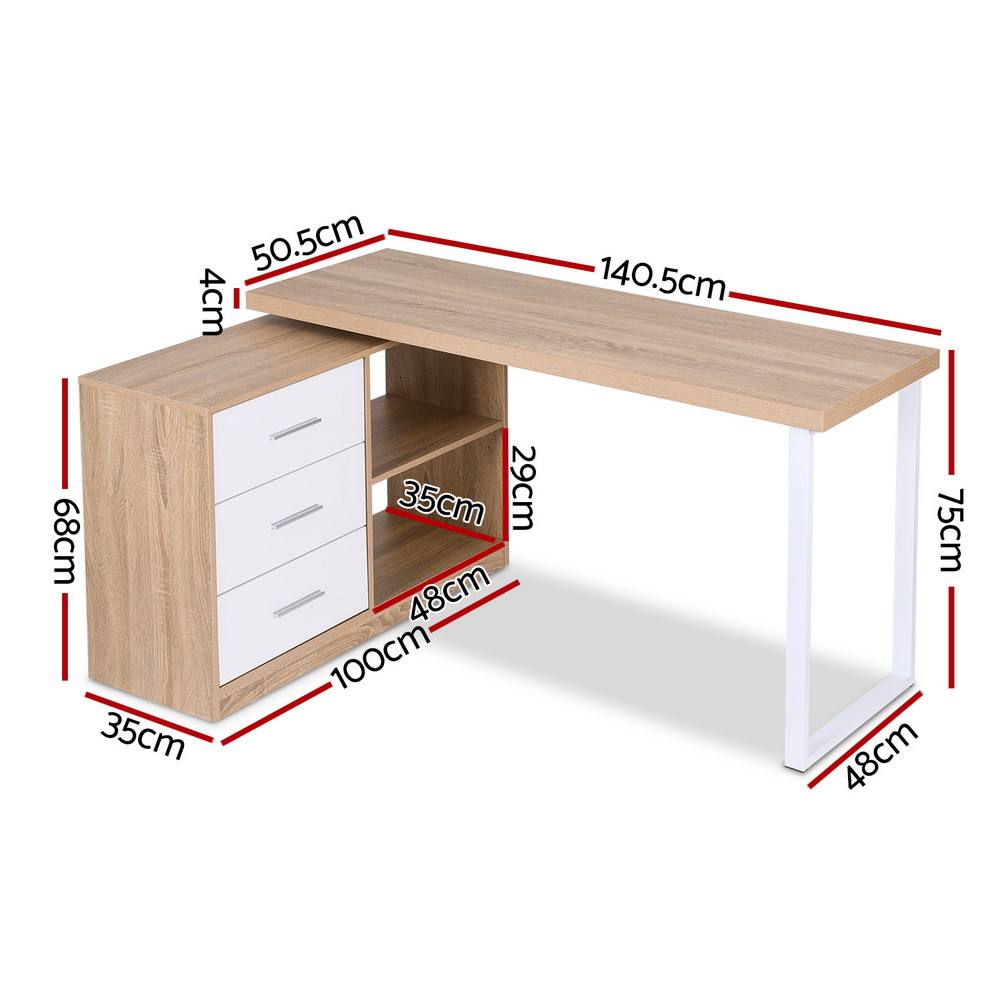 Artiss Computer Desk Swivelling L shape Home Office Storage Cabinet Oak - Image 2