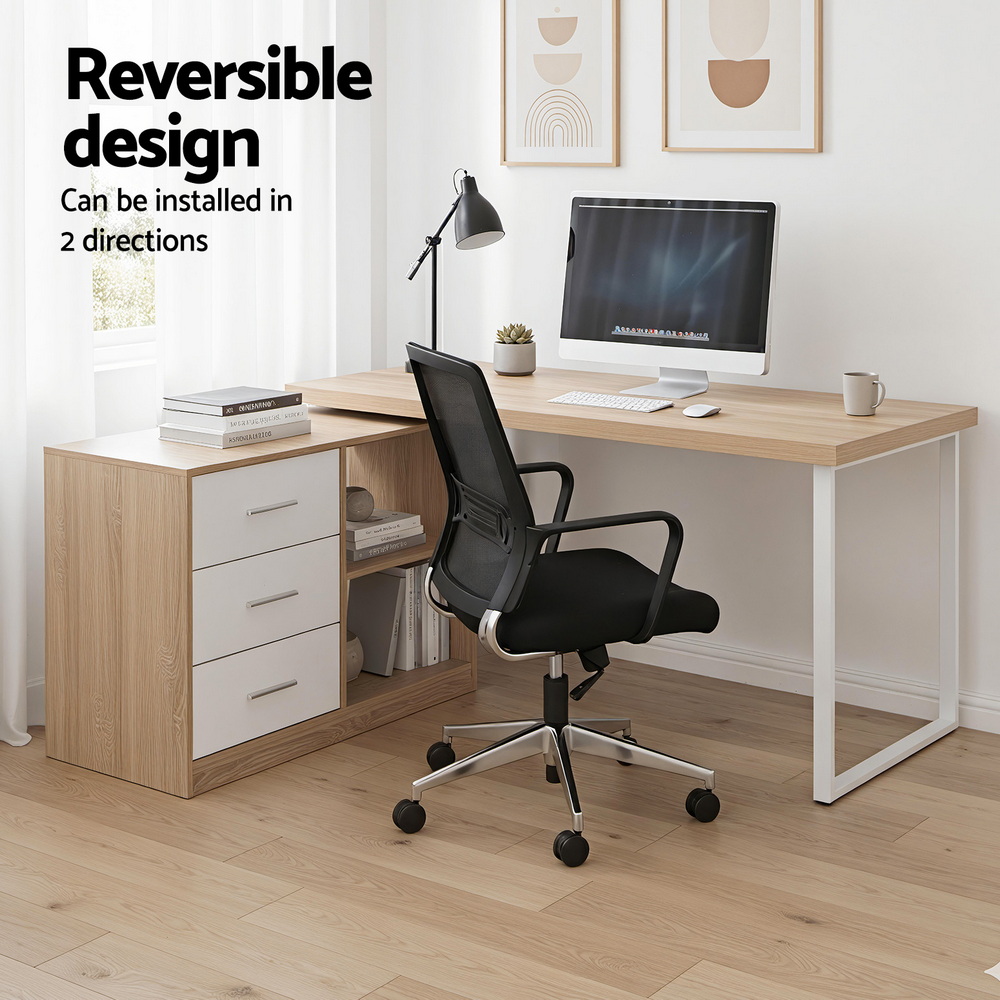 Artiss Computer Desk Swivelling L shape Home Office Storage Cabinet Oak - Image 4