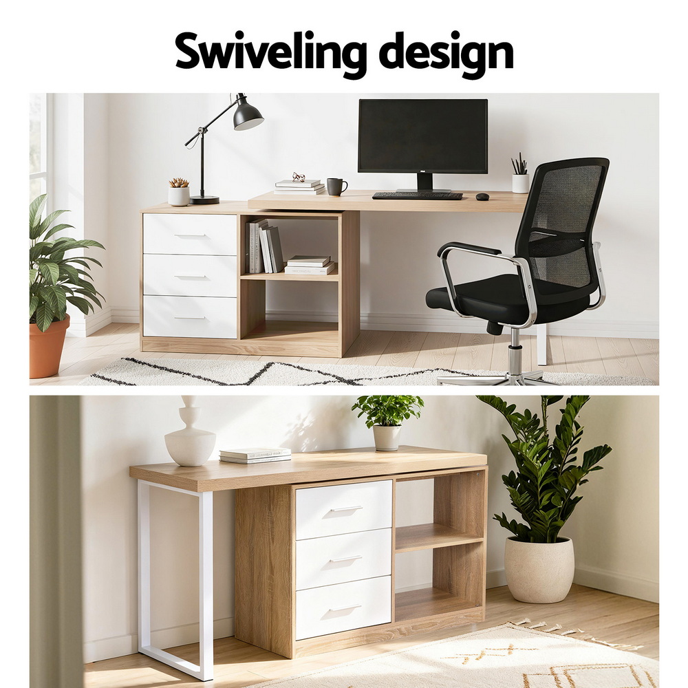 Artiss Computer Desk Swivelling L shape Home Office Storage Cabinet Oak - Image 5