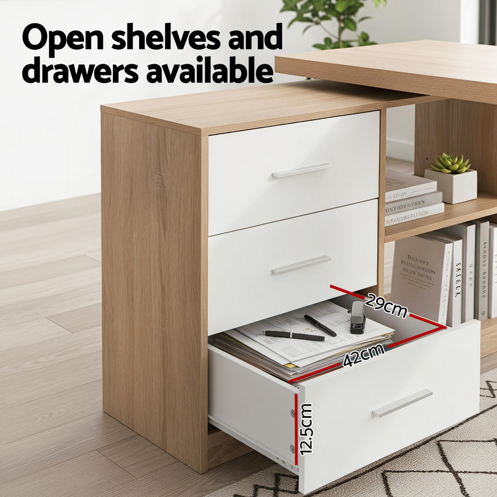 Artiss Computer Desk Swivelling L shape Home Office Storage Cabinet Oak - Image 6