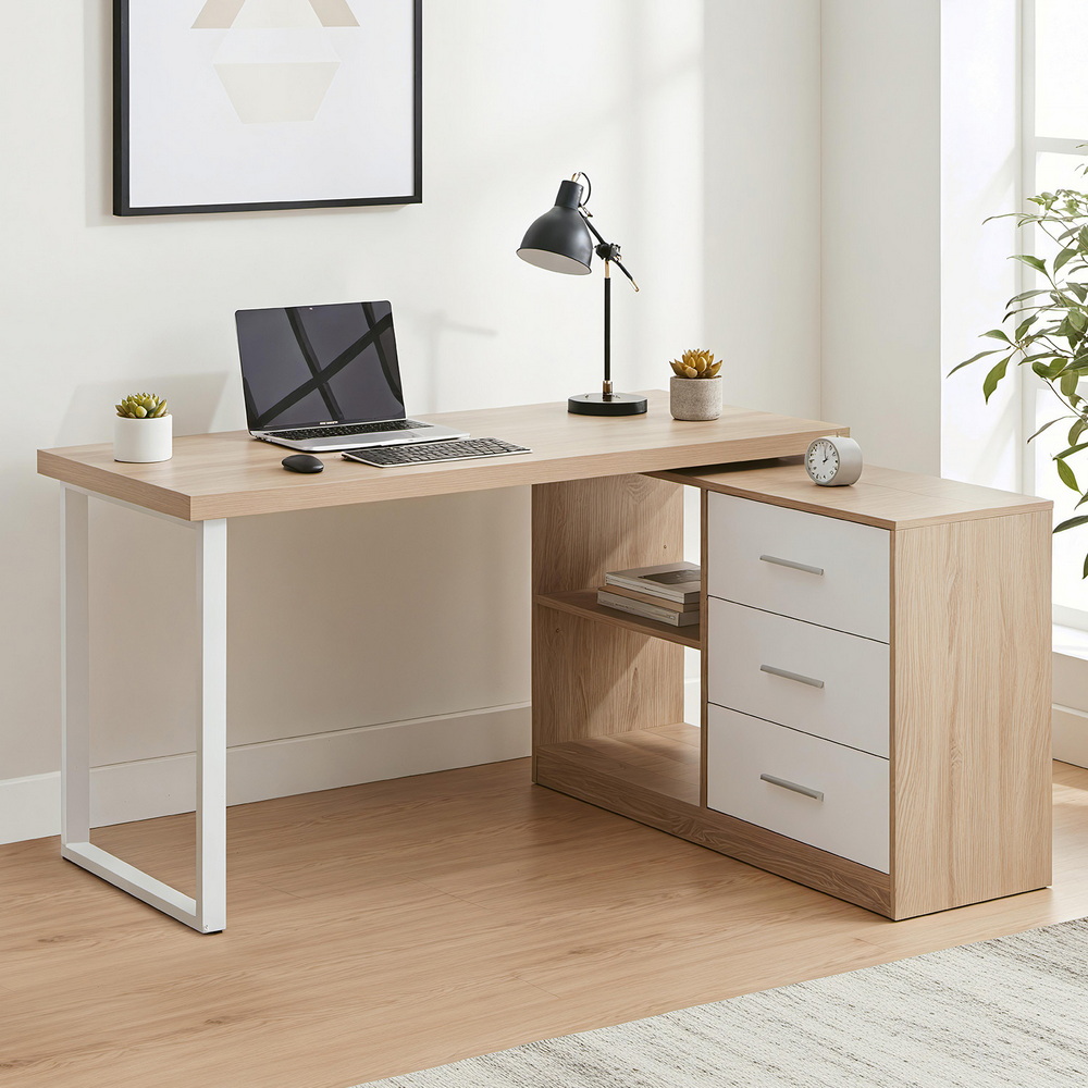 Artiss Computer Desk Swivelling L shape Home Office Storage Cabinet Oak - Image 7