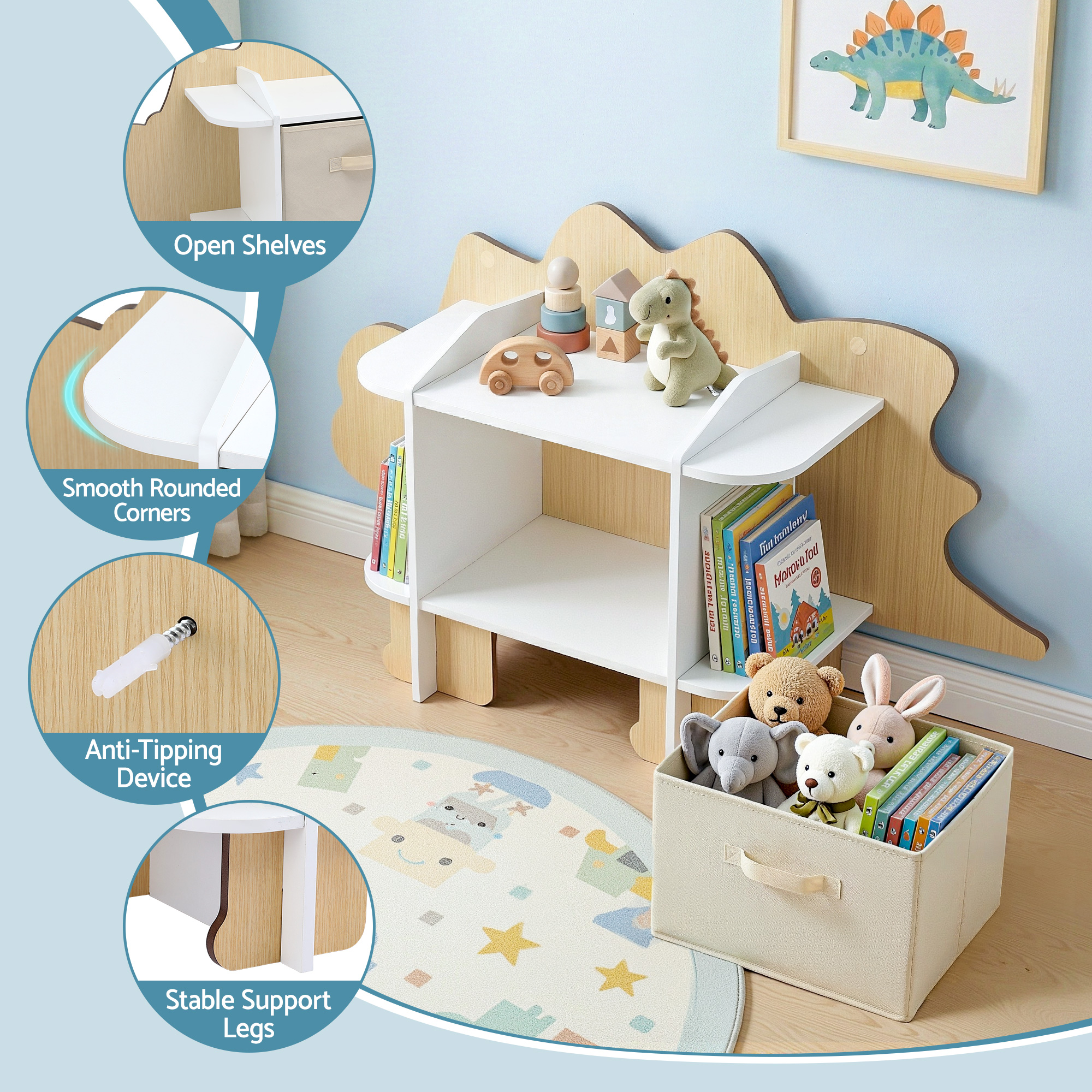 Keezi Dinosaur Kids Bookshelf 2-Tier Children's Bookcase Wooden with with Fabric Drawer, Toddler Bookshelf Toy Storage Organizer for Preschool, Kids Room, Playroom, Nursery - Image 7