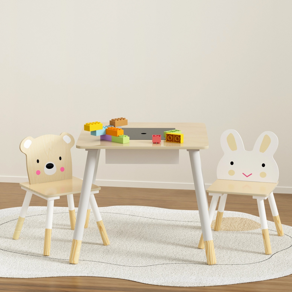 Keezi 3PCS Kids Table and Chairs Set Activity Desk Chalkboard Toy Hidden Storage - Image 1