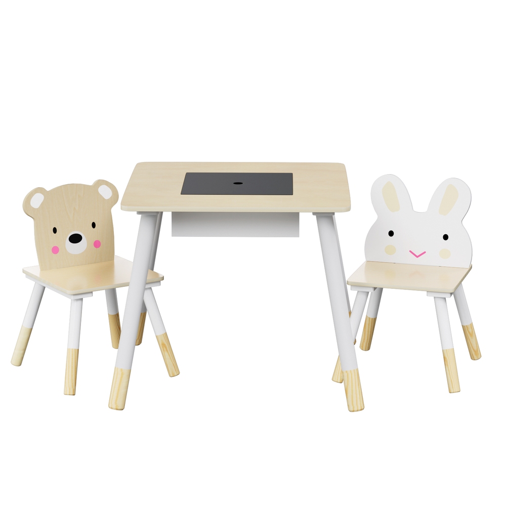 Keezi 3PCS Kids Table and Chairs Set Activity Desk Chalkboard Toy Hidden Storage - Image 7