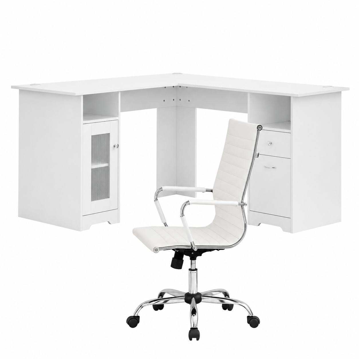 Artiss Office Desk and Chair Set L Shape Computer Desk 150cm with Storage Cabinet & Drawers, Ergonomic PU Leather Office Chair, White Home Office Furniture - Image 1