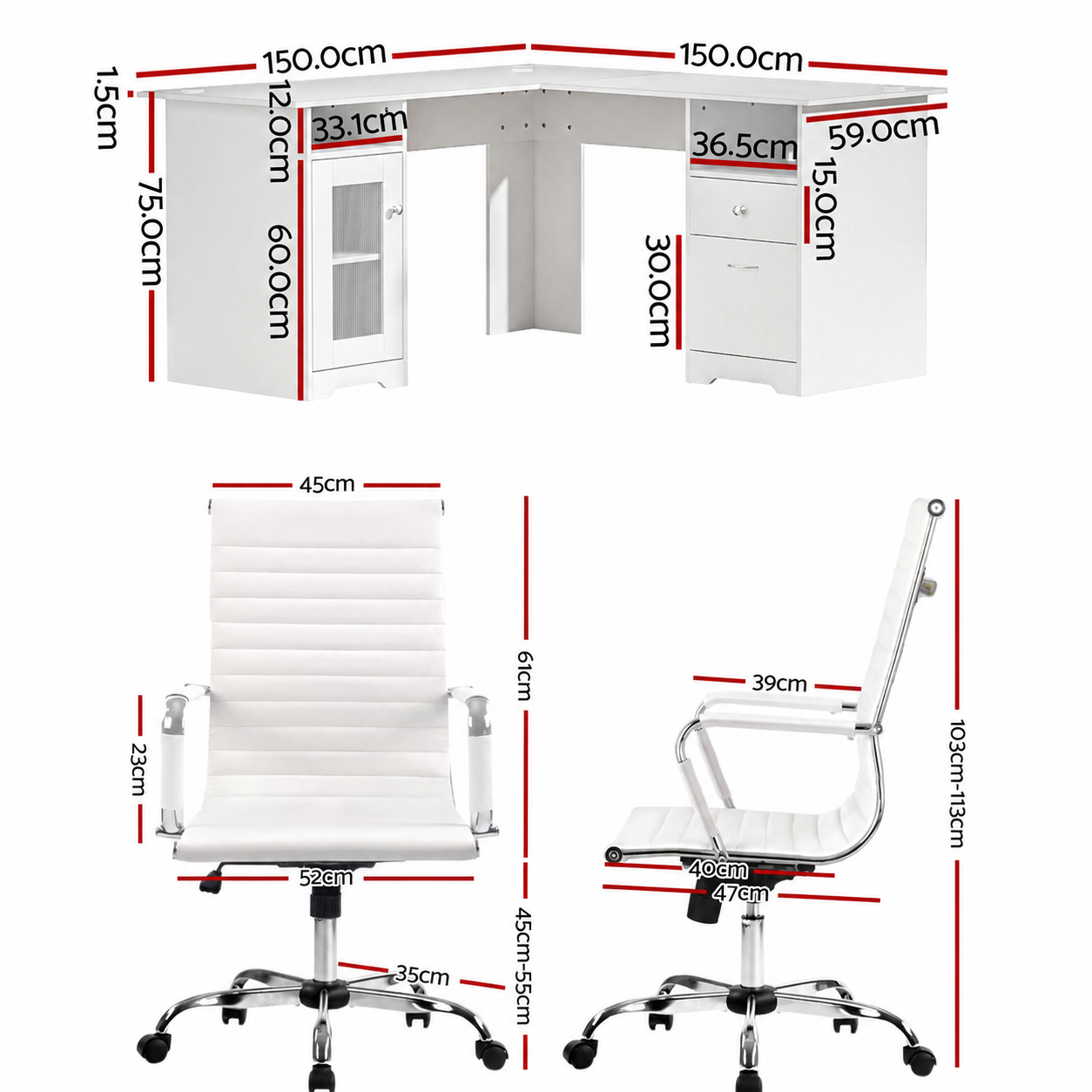 Artiss Office Desk and Chair Set L Shape Computer Desk 150cm with Storage Cabinet & Drawers, Ergonomic PU Leather Office Chair, White Home Office Furniture - Image 2