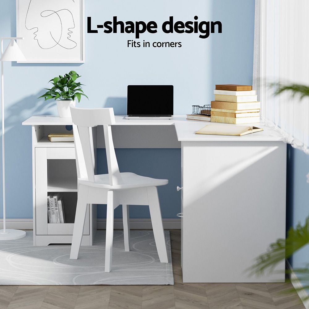 Artiss Office Desk and Chair Set L Shape Computer Desk 150cm with Storage Cabinet & Drawers, Ergonomic PU Leather Office Chair, White Home Office Furniture - Image 6