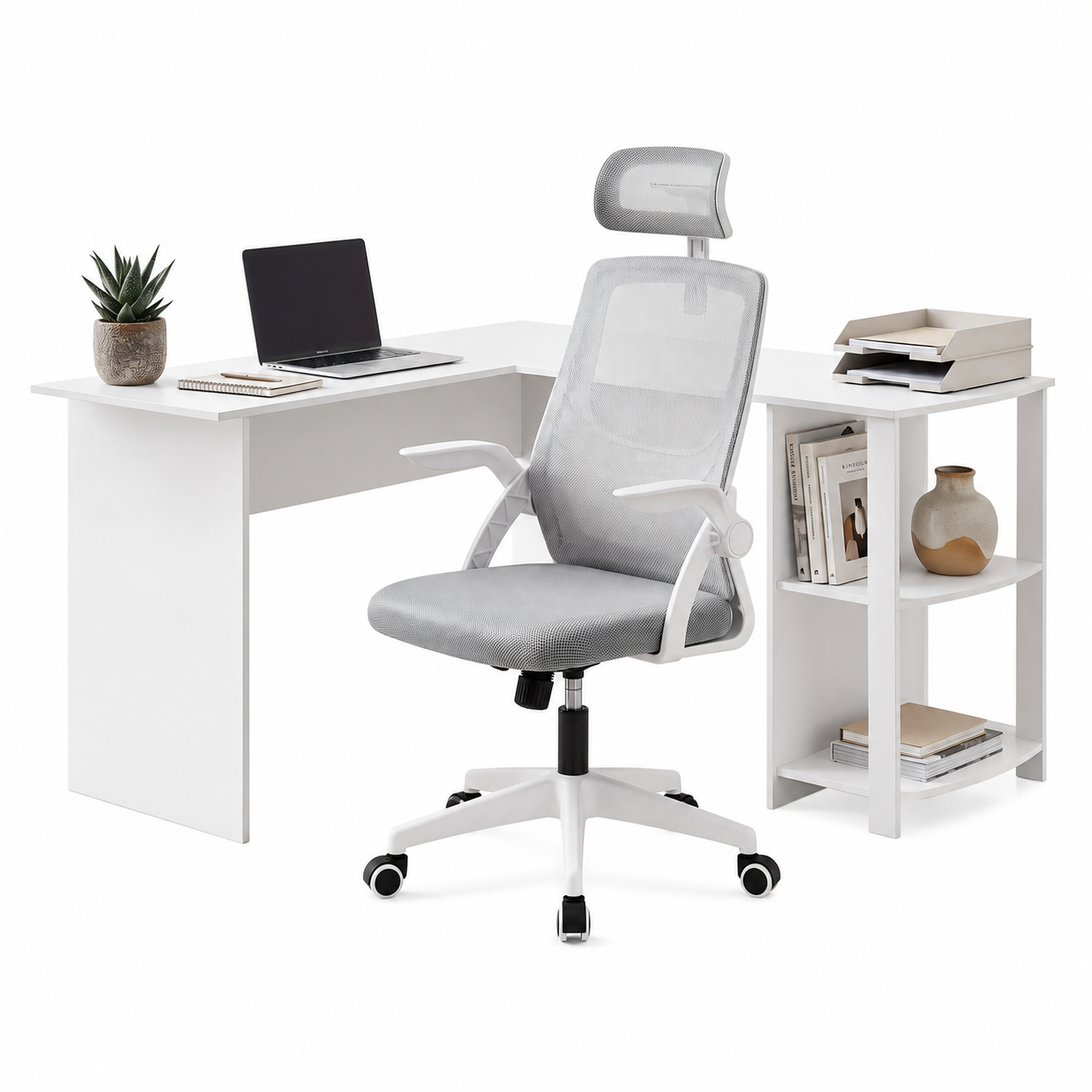 Artiss Home Office Desk and Chair Set, 136cm L Shaped Computer Desk with Shelves & Cable Management, Ergonomic Mesh Office Chair with Adjustable Headrest, Flip-Up Armrests - Image 1