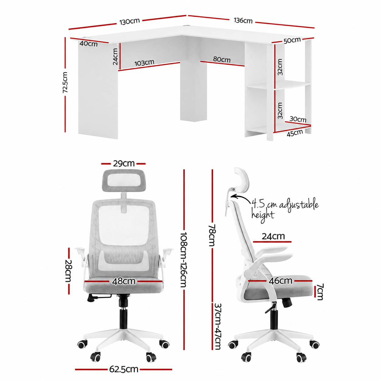 Artiss Home Office Desk and Chair Set, 136cm L Shaped Computer Desk with Shelves & Cable Management, Ergonomic Mesh Office Chair with Adjustable Headrest, Flip-Up Armrests - Image 2