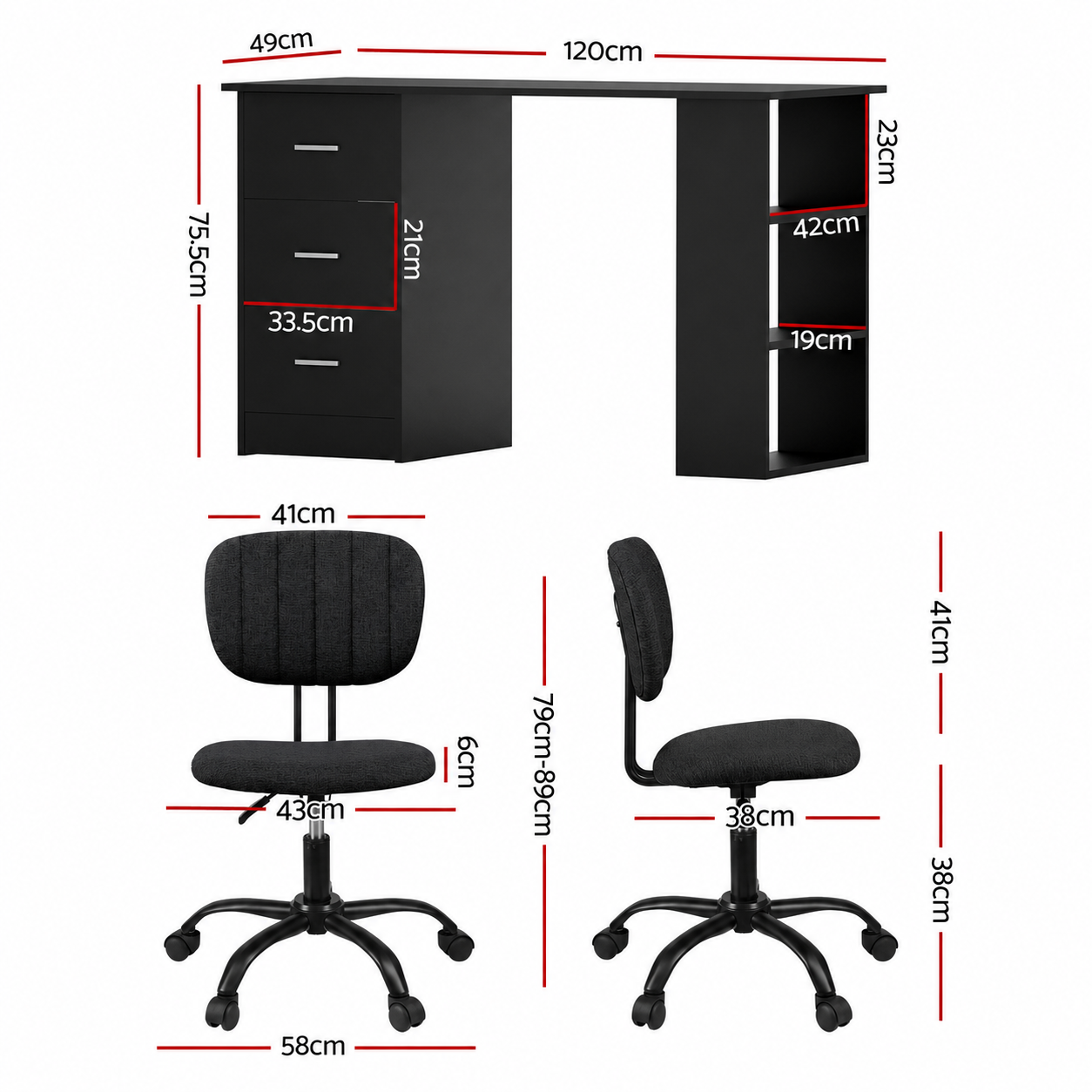 Artiss Office Desk & Chair Set 120cm Computer Desk with 3 Drawers & Open Shelves, Ergonomic Armless Office Chair with Wheels, Height Adjustable for Home Office Study - Image 2