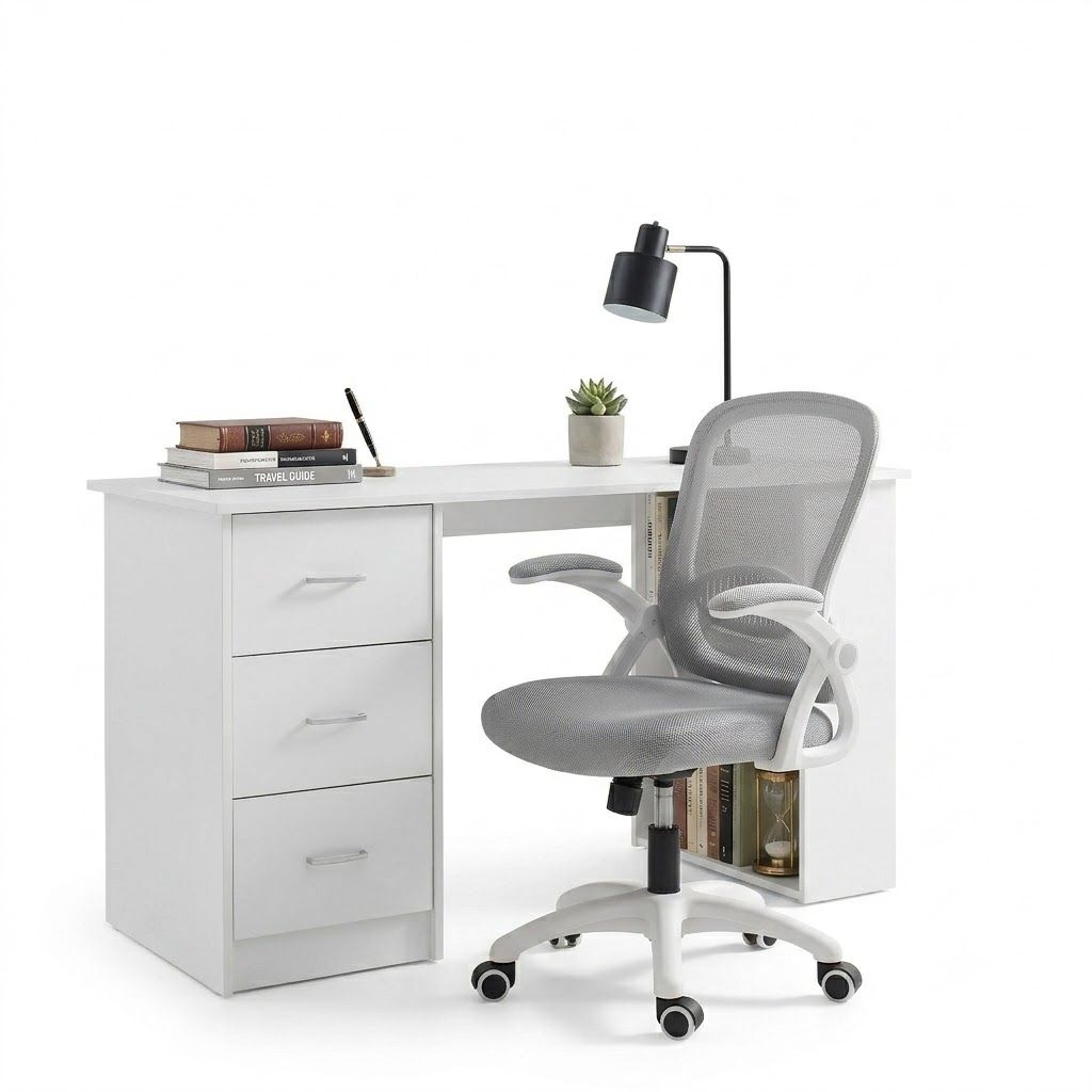 Artiss Computer Desk & Ergonomic Office Chair Set 120cm Home Office Study Desk with 3 Drawers & 3 Shelves, Mesh Computer Chair with Flip-Up Armrests - Image 1