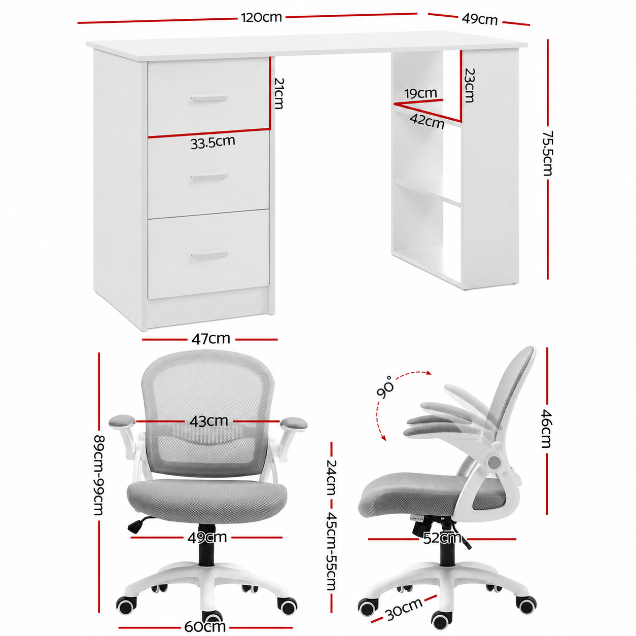 Artiss Computer Desk & Ergonomic Office Chair Set 120cm Home Office Study Desk with 3 Drawers & 3 Shelves, Mesh Computer Chair with Flip-Up Armrests - Image 2
