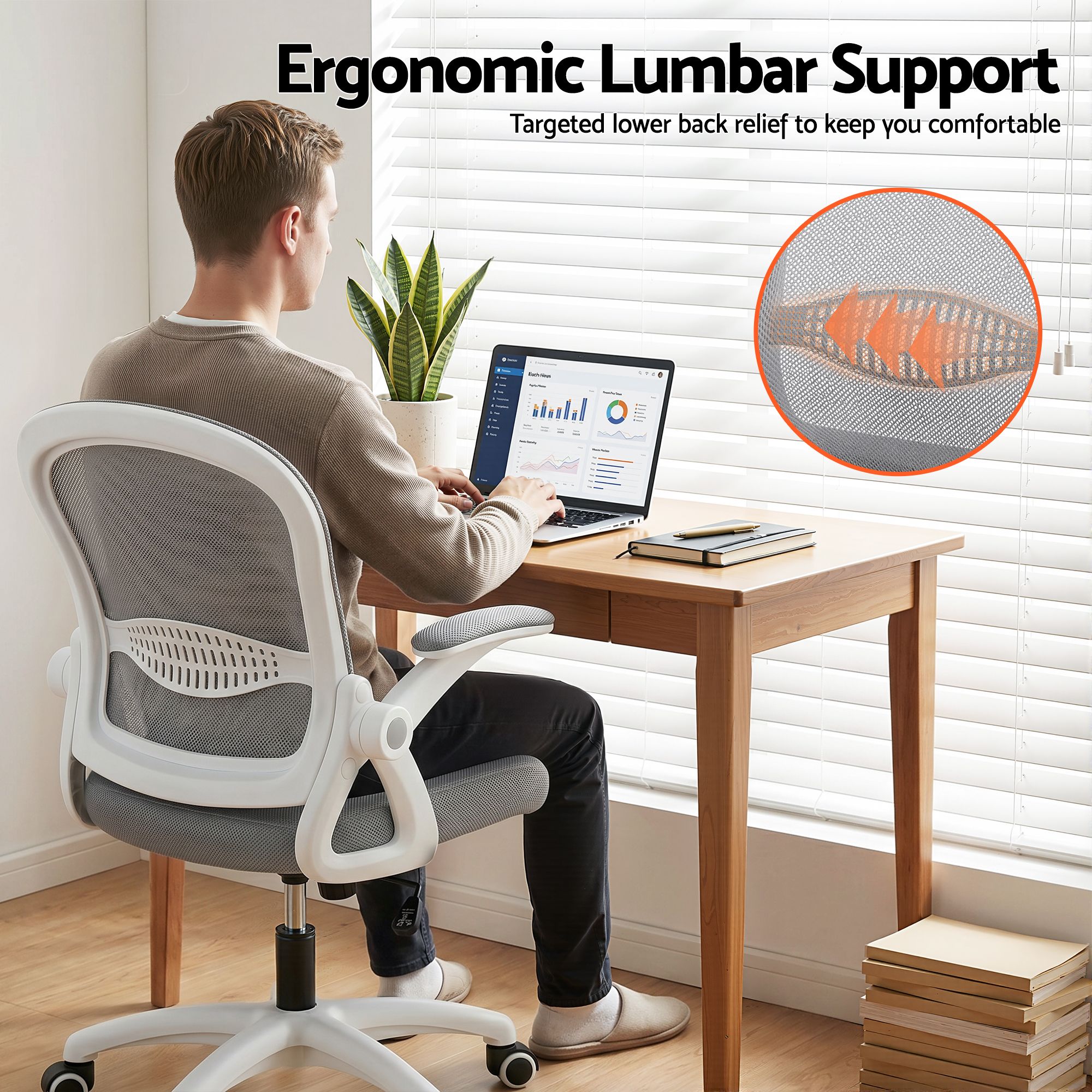 Artiss Computer Desk & Ergonomic Office Chair Set 120cm Home Office Study Desk with 3 Drawers & 3 Shelves, Mesh Computer Chair with Flip-Up Armrests - Image 5