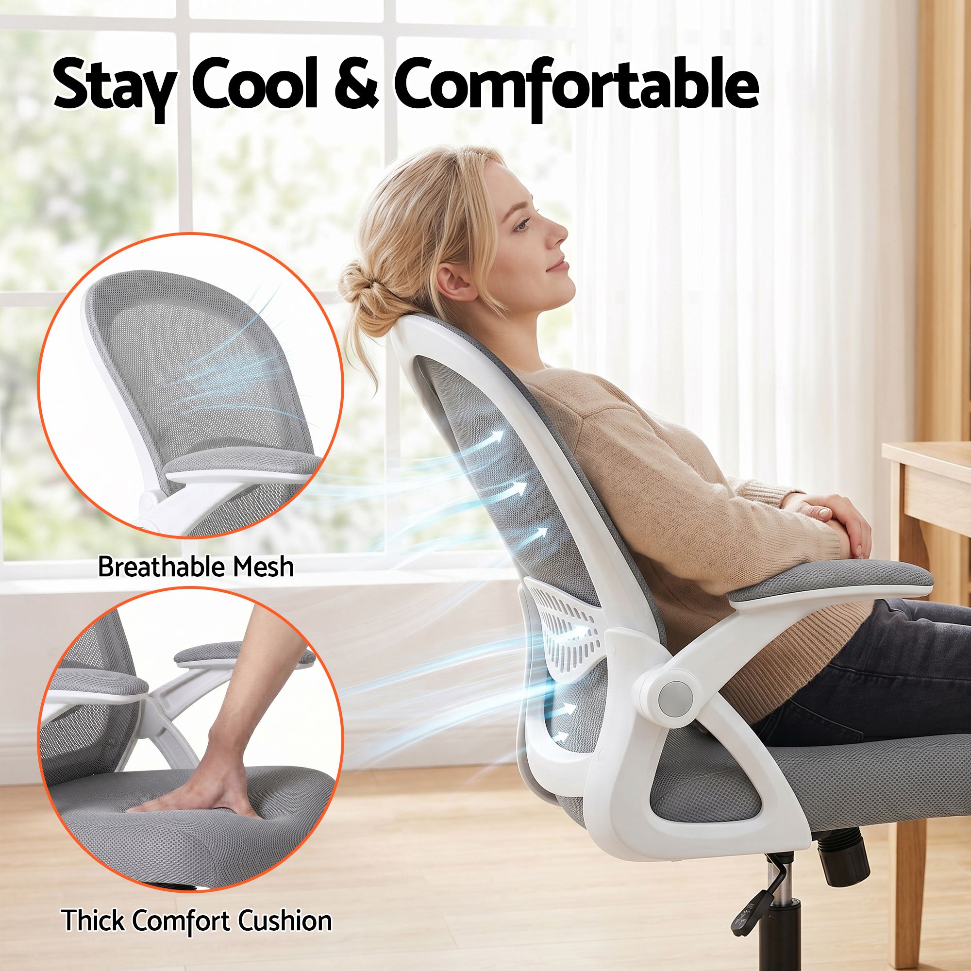 Artiss Computer Desk & Ergonomic Office Chair Set 120cm Home Office Study Desk with 3 Drawers & 3 Shelves, Mesh Computer Chair with Flip-Up Armrests - Image 7