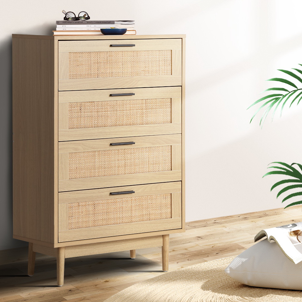 Artiss 4 Chest of Drawers Rattan Tallboy Pine - BRIONY - Image 1
