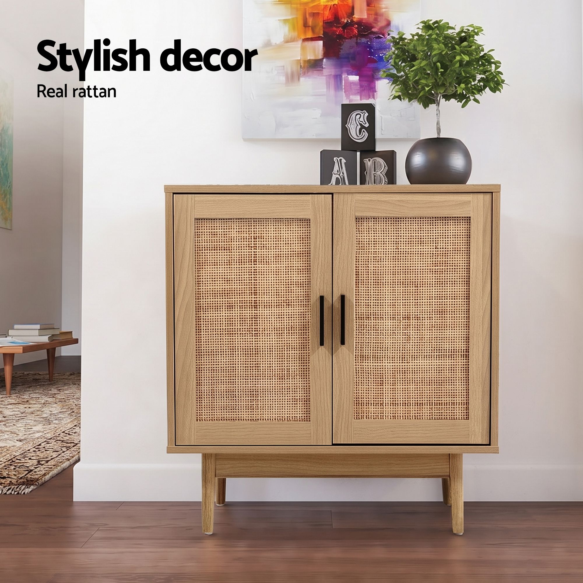Artiss 2x Buffet Sideboard Cabinet Rattan Cupboard 2 Doors Storage Pantry BRIONY - Image 5