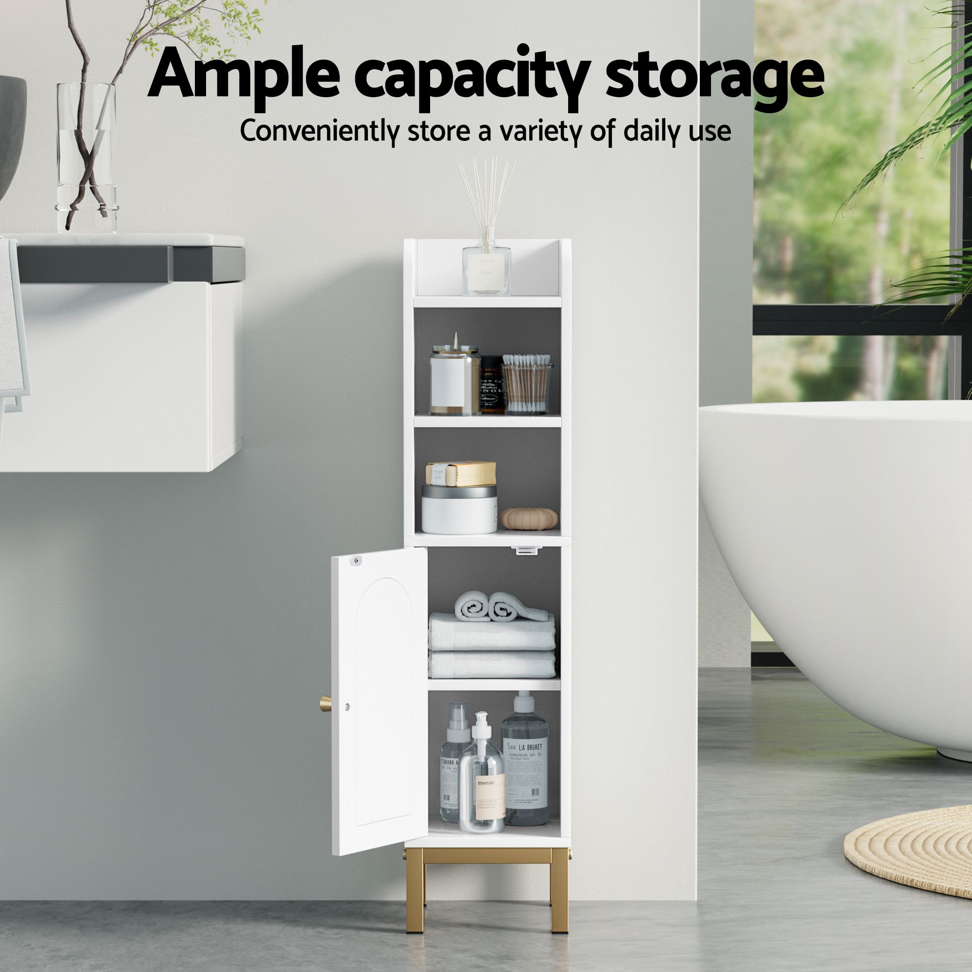 Artiss 2X Bathroom Storage Cabinet Floor Organizer Toilet Corner Adjustable Shelf with Door White - Image 5