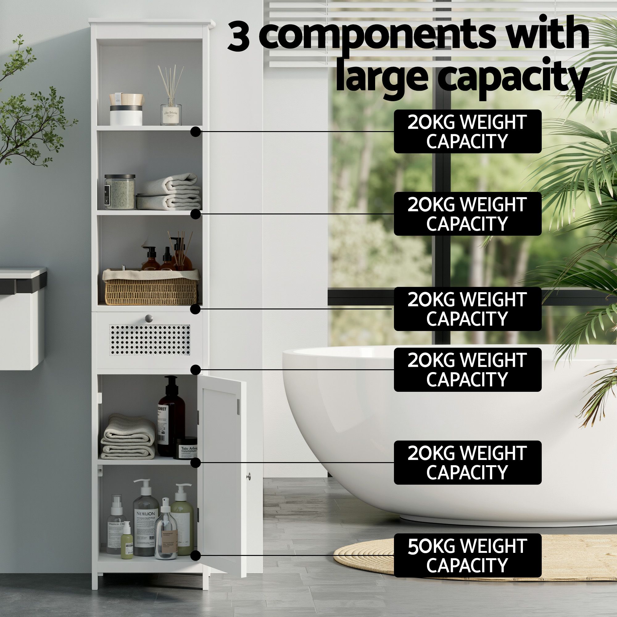 Artiss Bathroom Cabinet Storage X2 White Rattan 161cm - Image 5