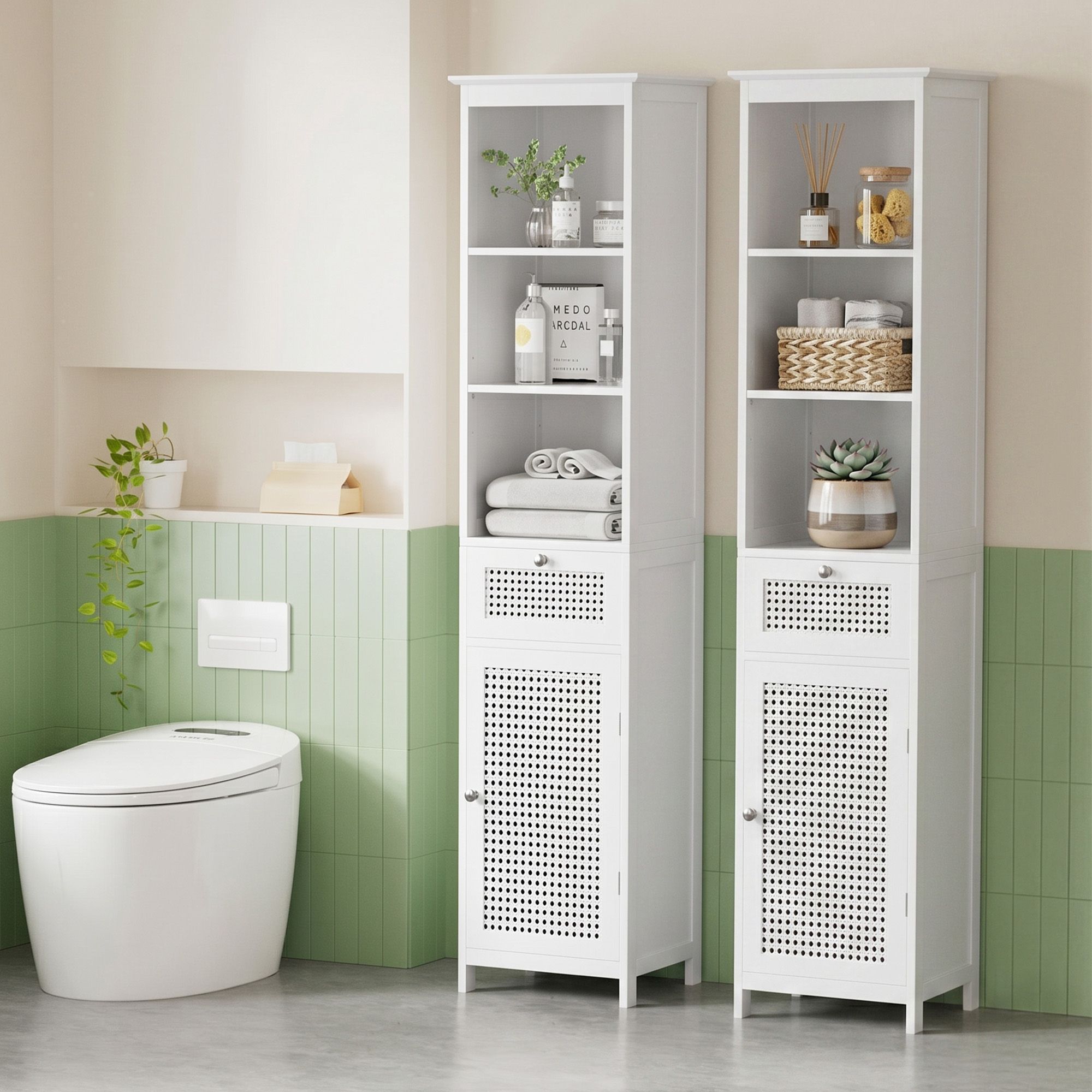 Artiss Bathroom Cabinet Storage X2 White Rattan 161cm - Image 8