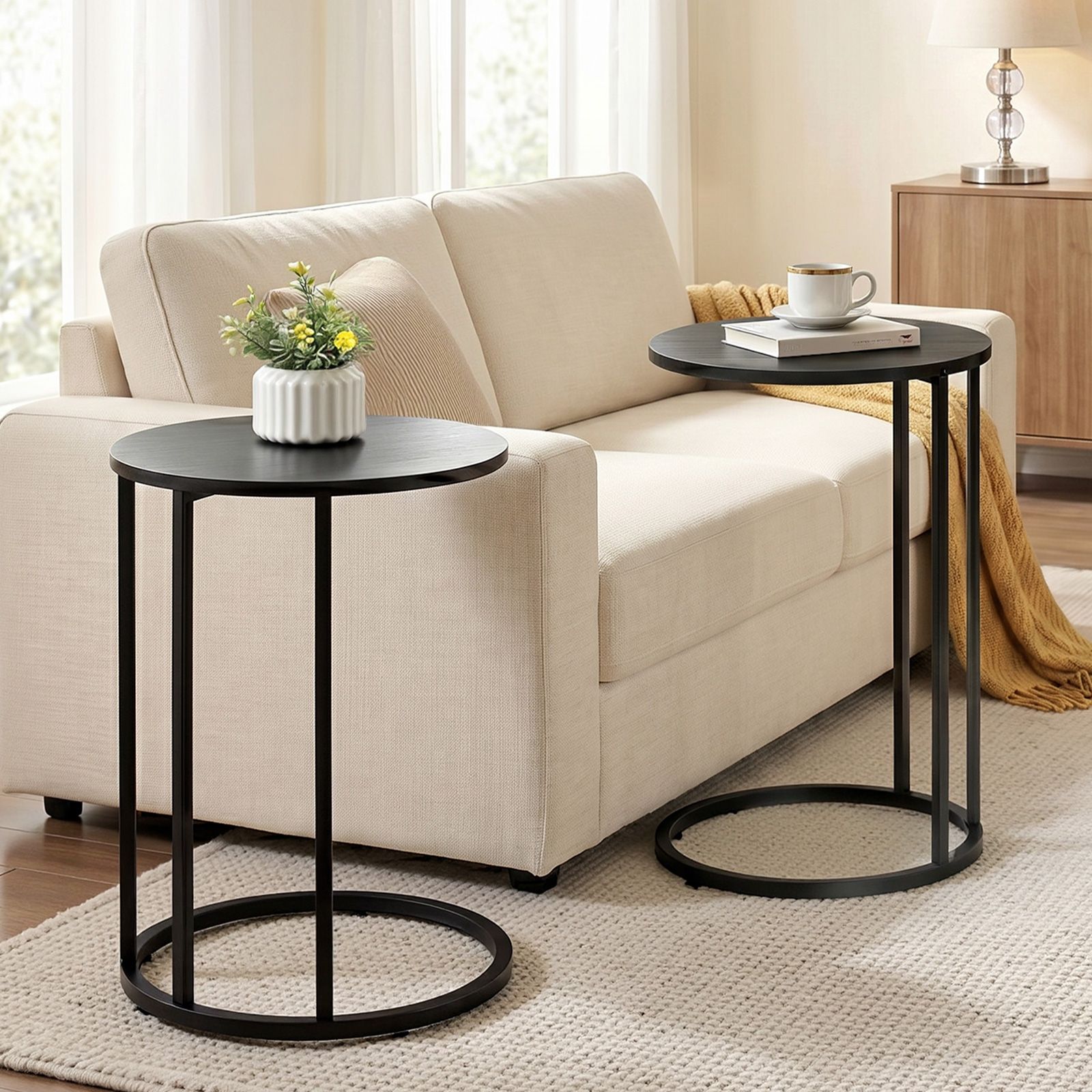 Artiss C Shaped End Table Set of 2 Coffee Table Side Table Round Black - Image 1