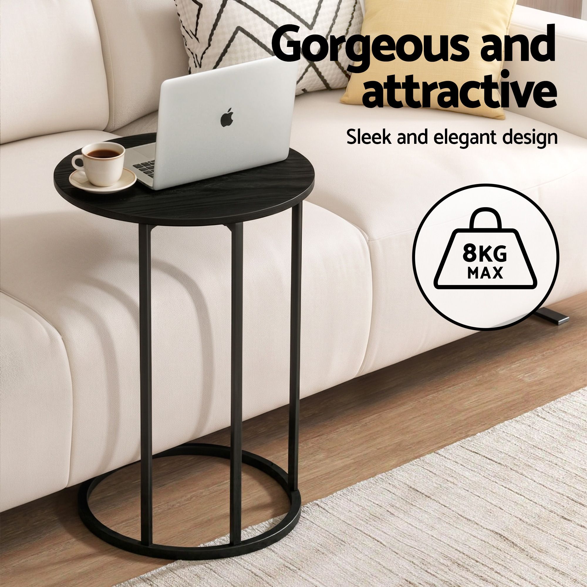 Artiss C Shaped End Table Set of 2 Coffee Table Side Table Round Black - Image 4