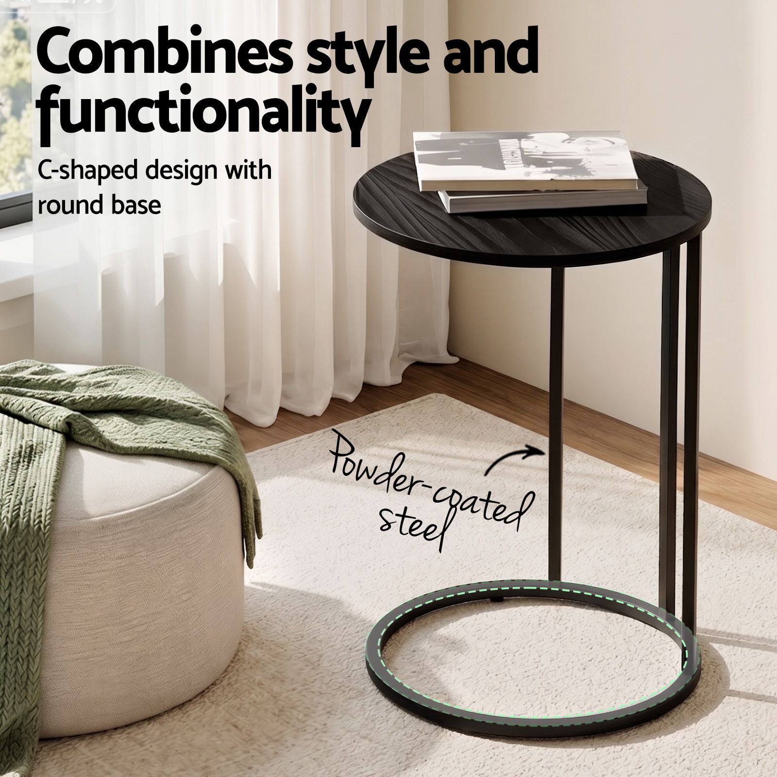 Artiss C Shaped End Table Set of 2 Coffee Table Side Table Round Black - Image 5