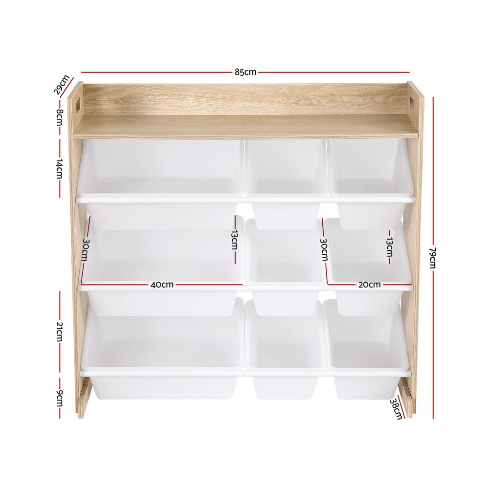 Keezi Kids Toy Box 9 Bins Bookshelf Organiser Display Shelf Storage Rack Wooden - Image 2