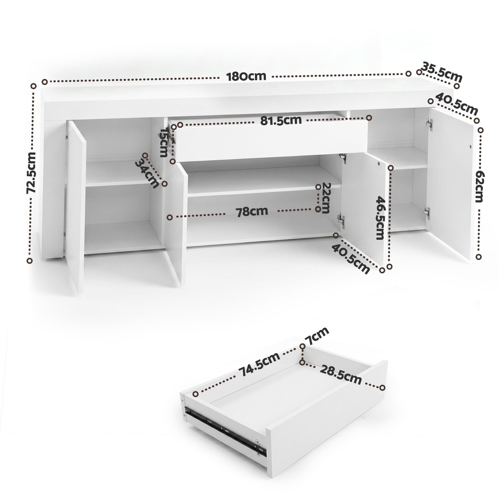 Artiss Buffet Sideboard Cabinet 180cm Cupboard Pantry Storage Drawer White DANA - Image 3