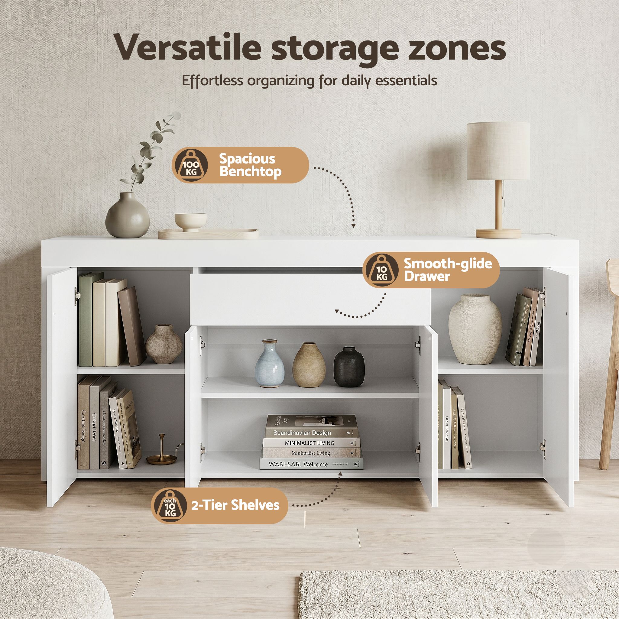Artiss Buffet Sideboard Cabinet 180cm Cupboard Pantry Storage Drawer White DANA - Image 5