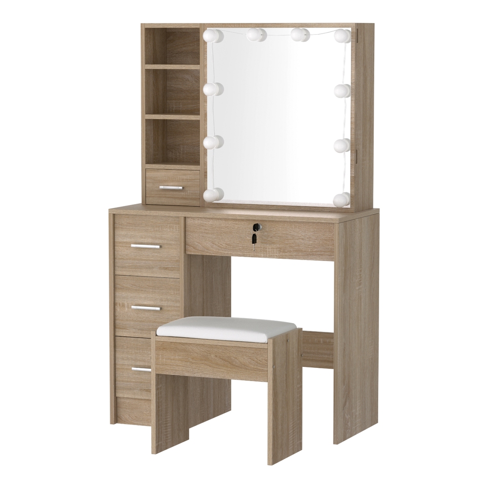 Artiss Dressing Table Set Stool 10 Led Bulbs Wood - Image 1