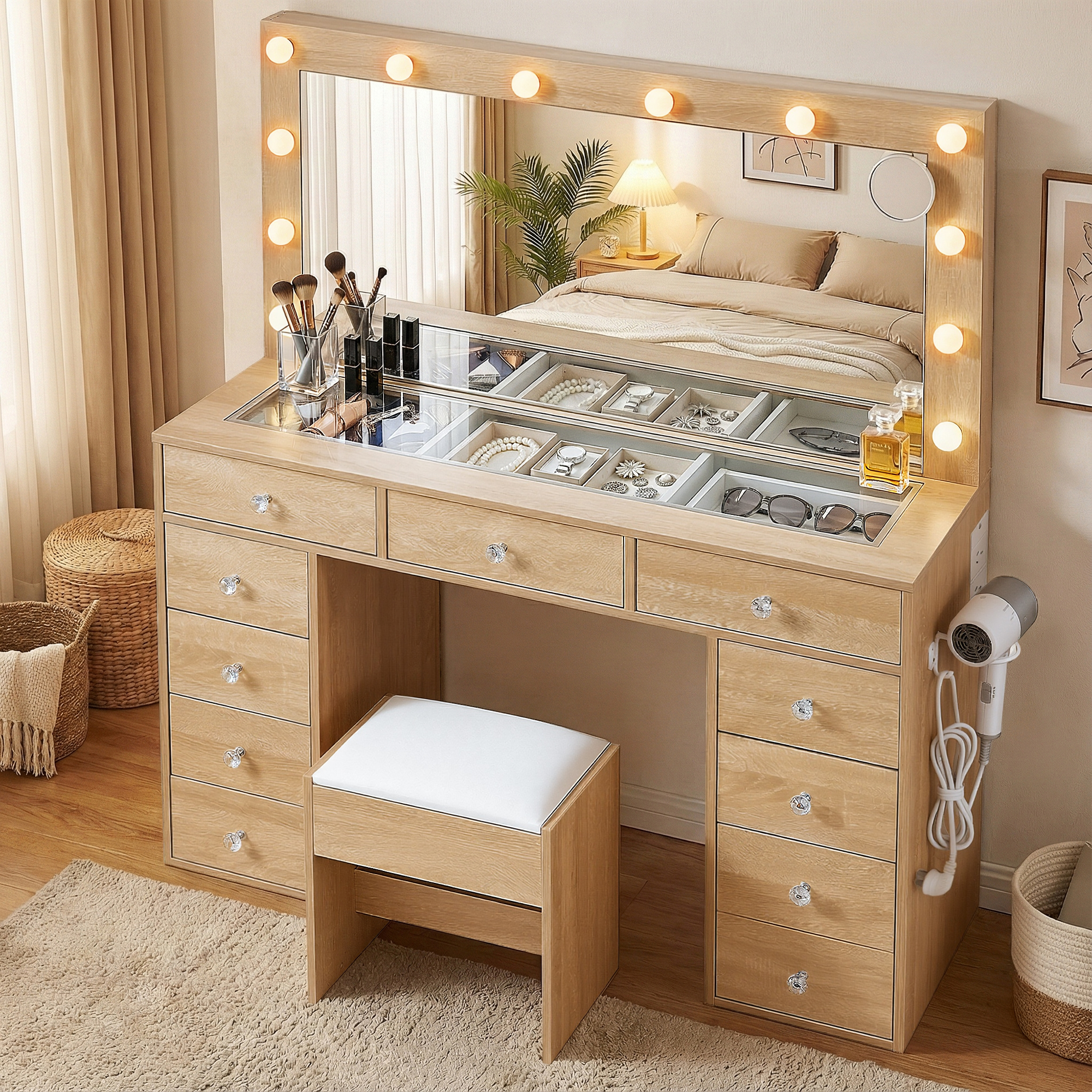 Artiss Dressing Table Vanity Desk Set Stool LED Bulbs Wood - Image 1