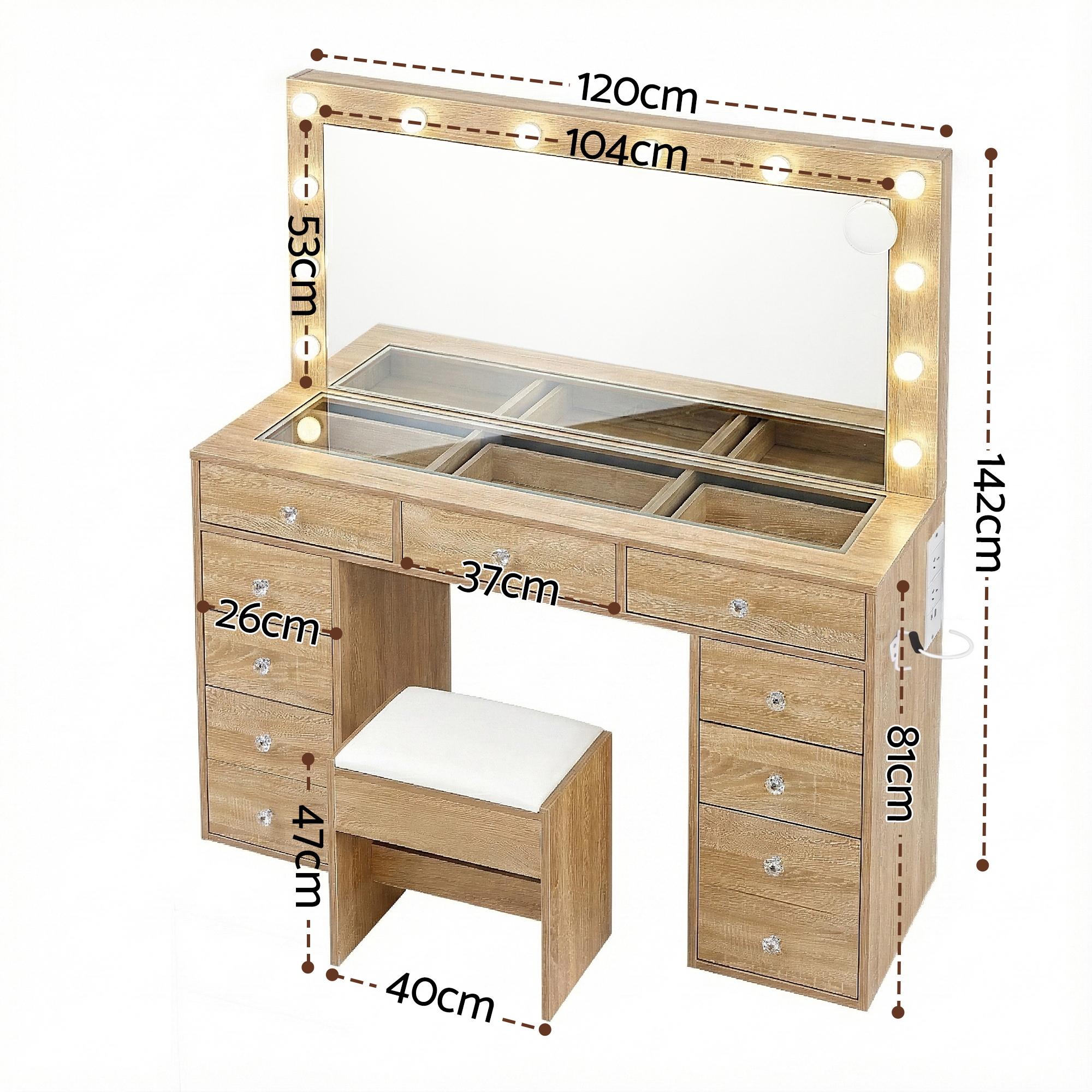 Artiss Dressing Table Vanity Desk Set Stool LED Bulbs Wood - Image 3