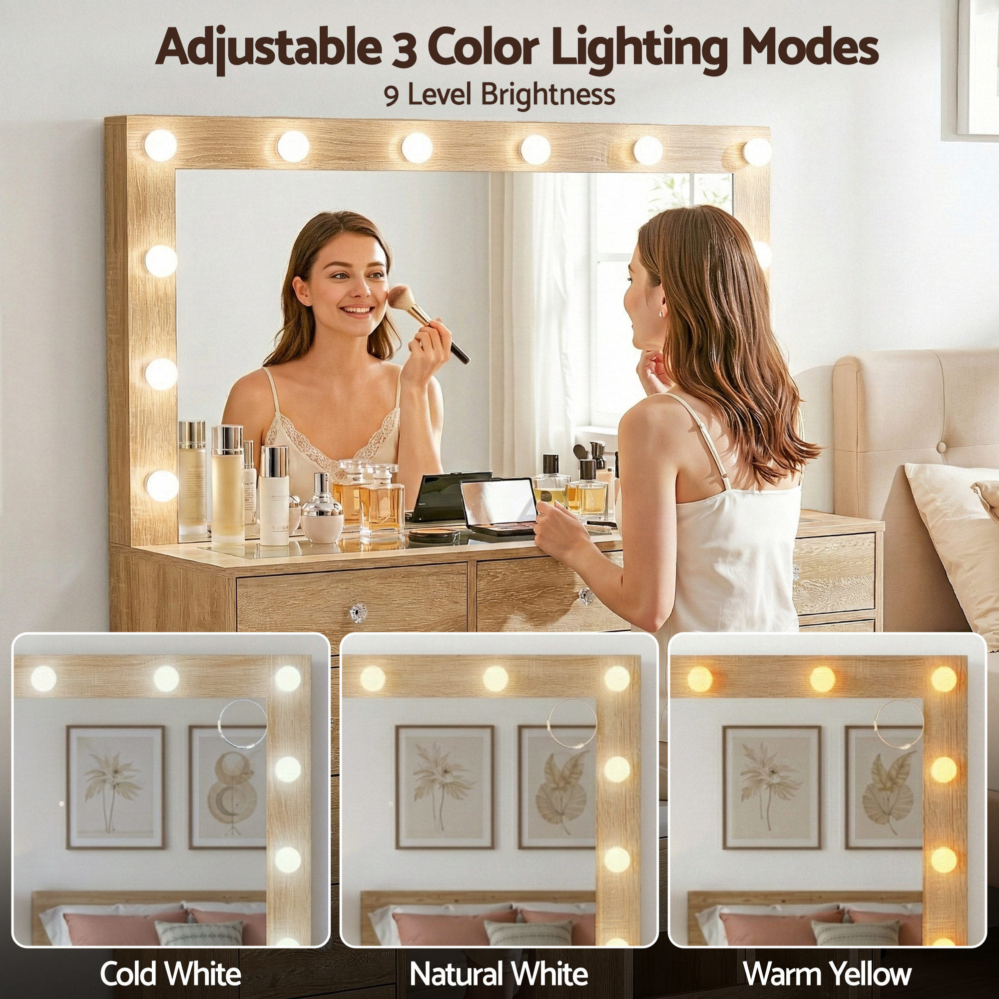 Artiss Dressing Table Vanity Desk Set Stool LED Bulbs Wood - Image 5