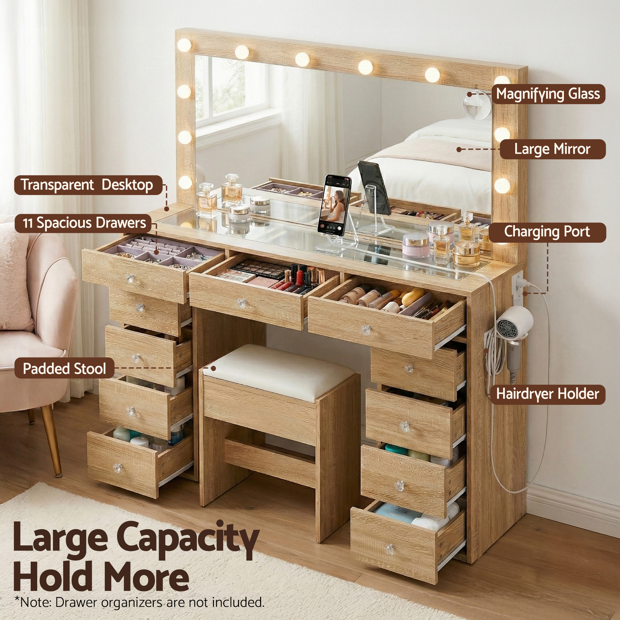 Artiss Dressing Table Vanity Desk Set Stool LED Bulbs Wood - Image 6