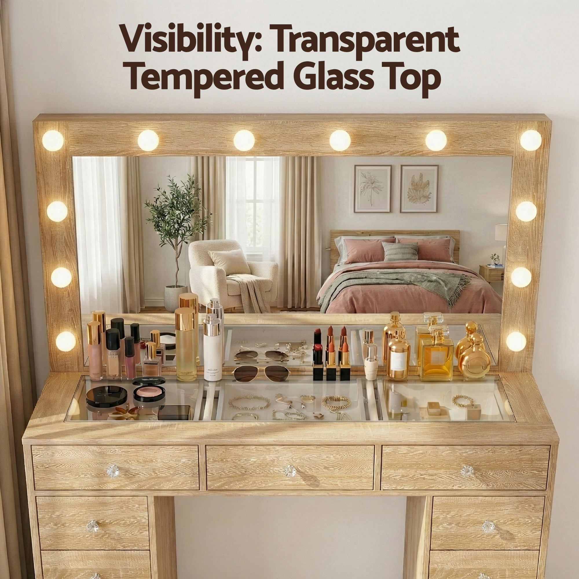 Artiss Dressing Table Vanity Desk Set Stool LED Bulbs Wood - Image 7