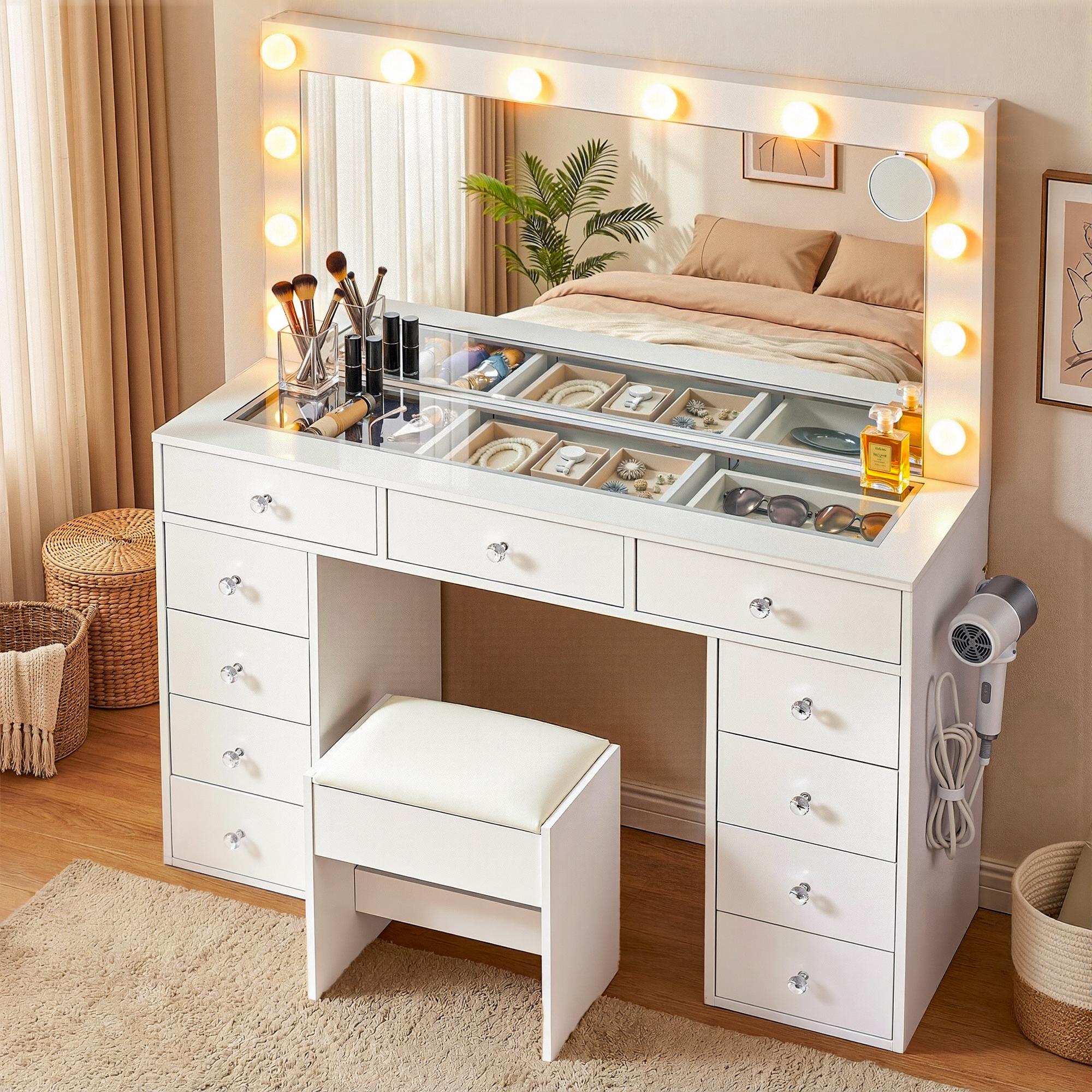 Artiss Dressing Table Vanity Desk Set Stool LED Bulbs White - Image 1