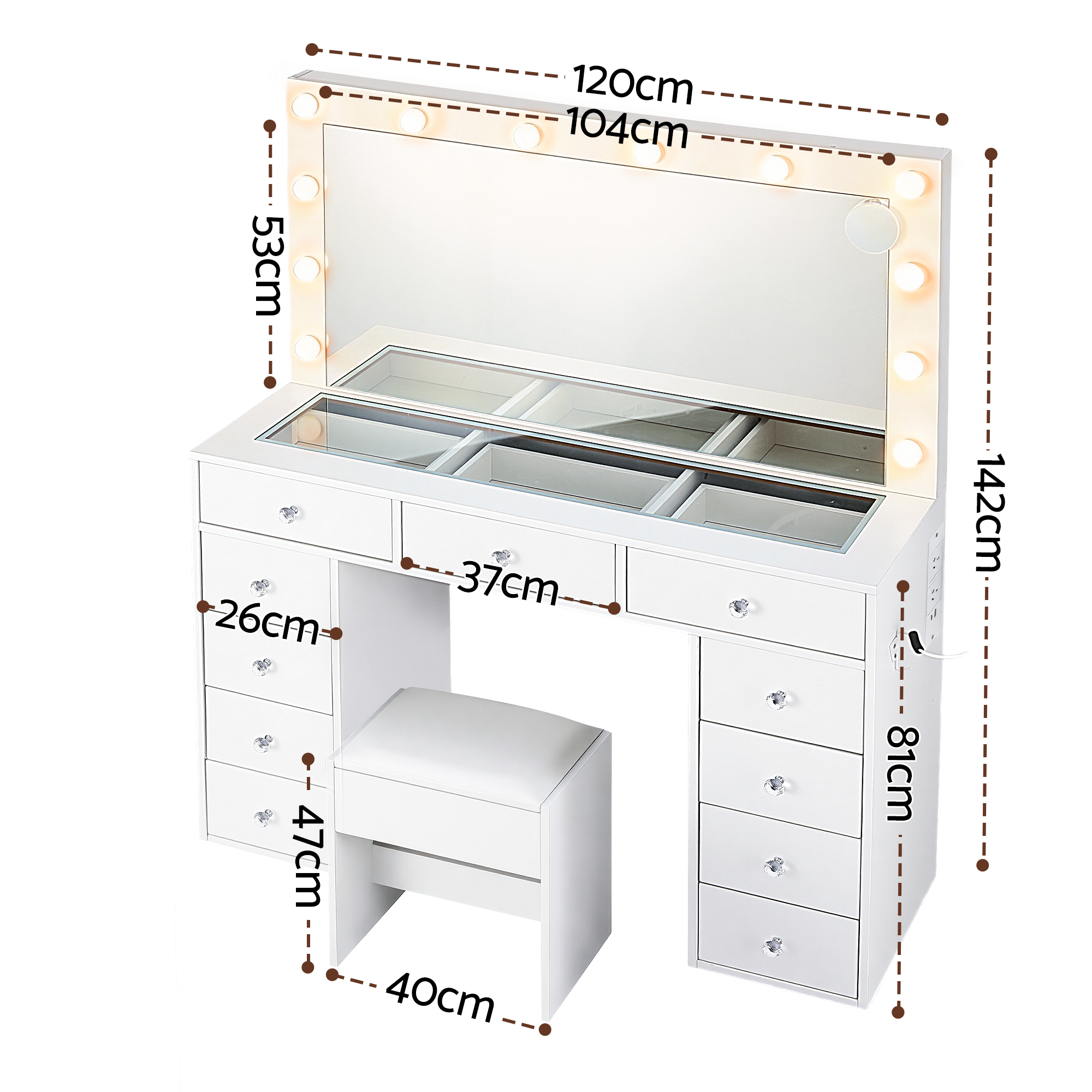 Artiss Dressing Table Vanity Desk Set Stool LED Bulbs White - Image 3